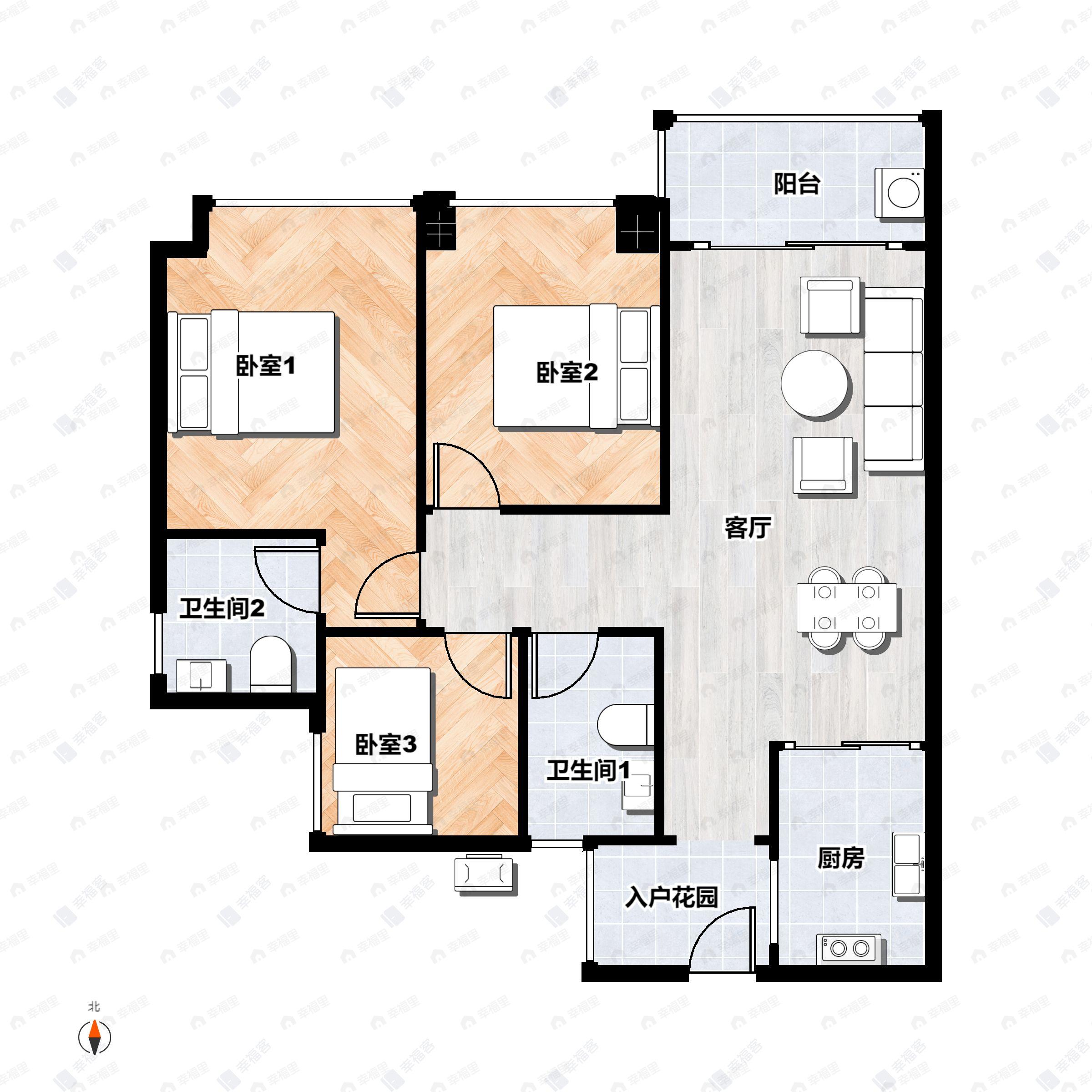 3室2厅2卫建面86平北户型图