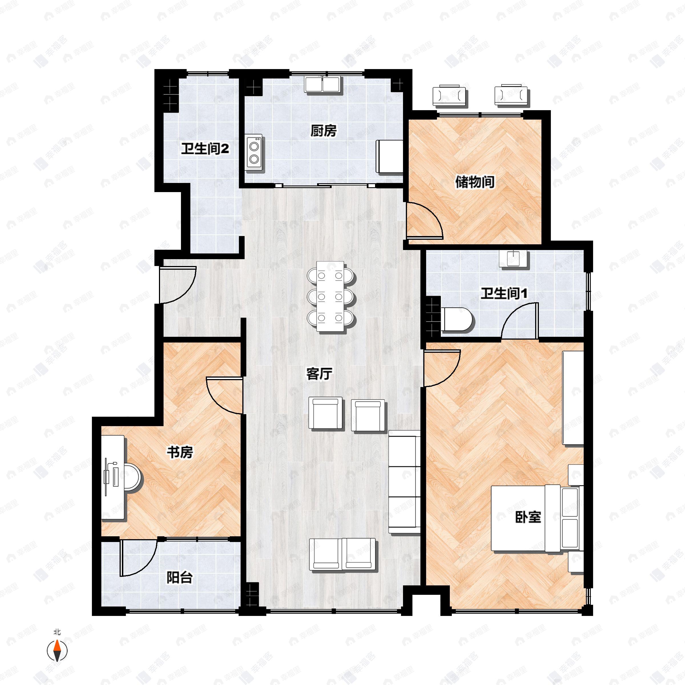 2室2厅2卫建面120m²南|北户型图