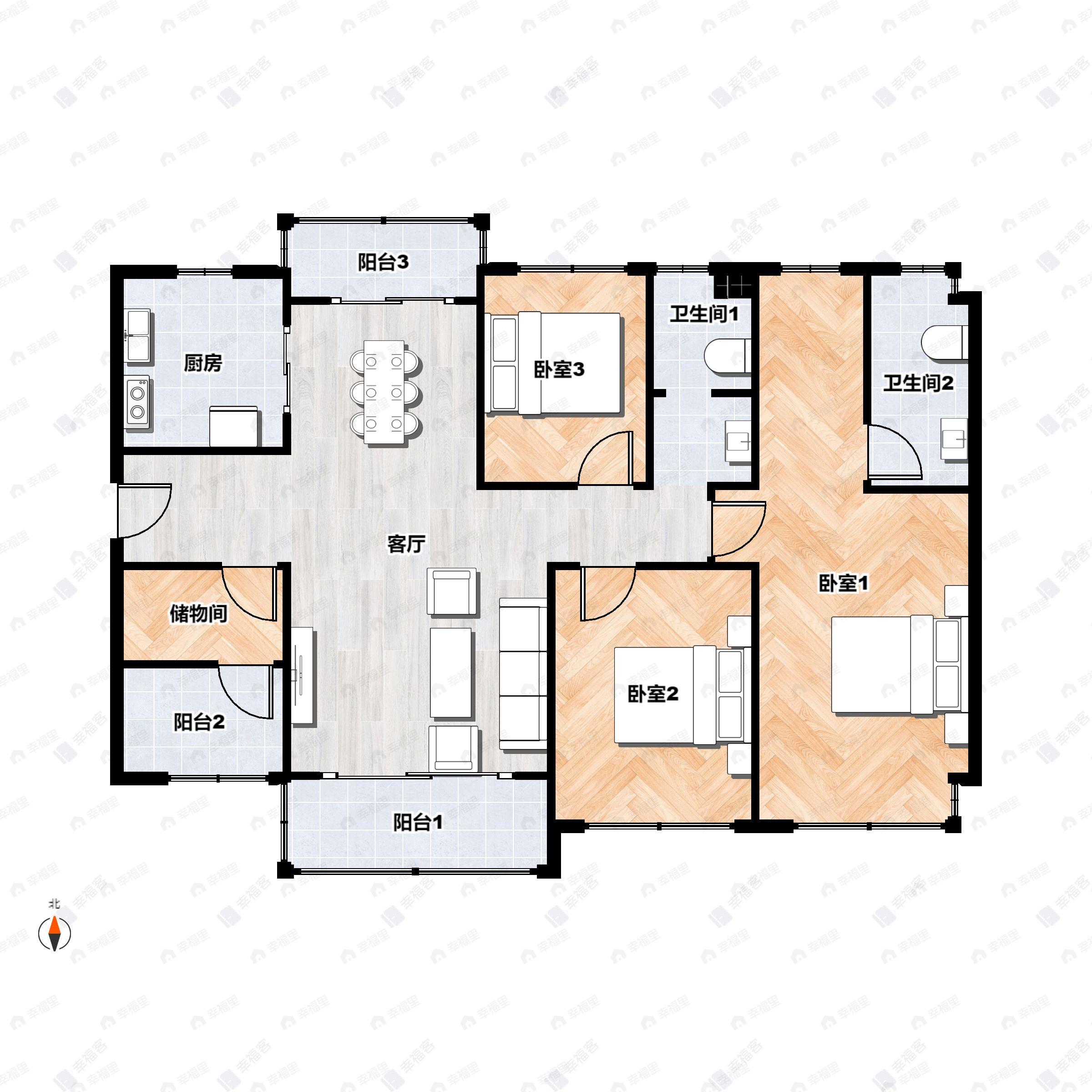 3室2厅2卫建面142平南户型图