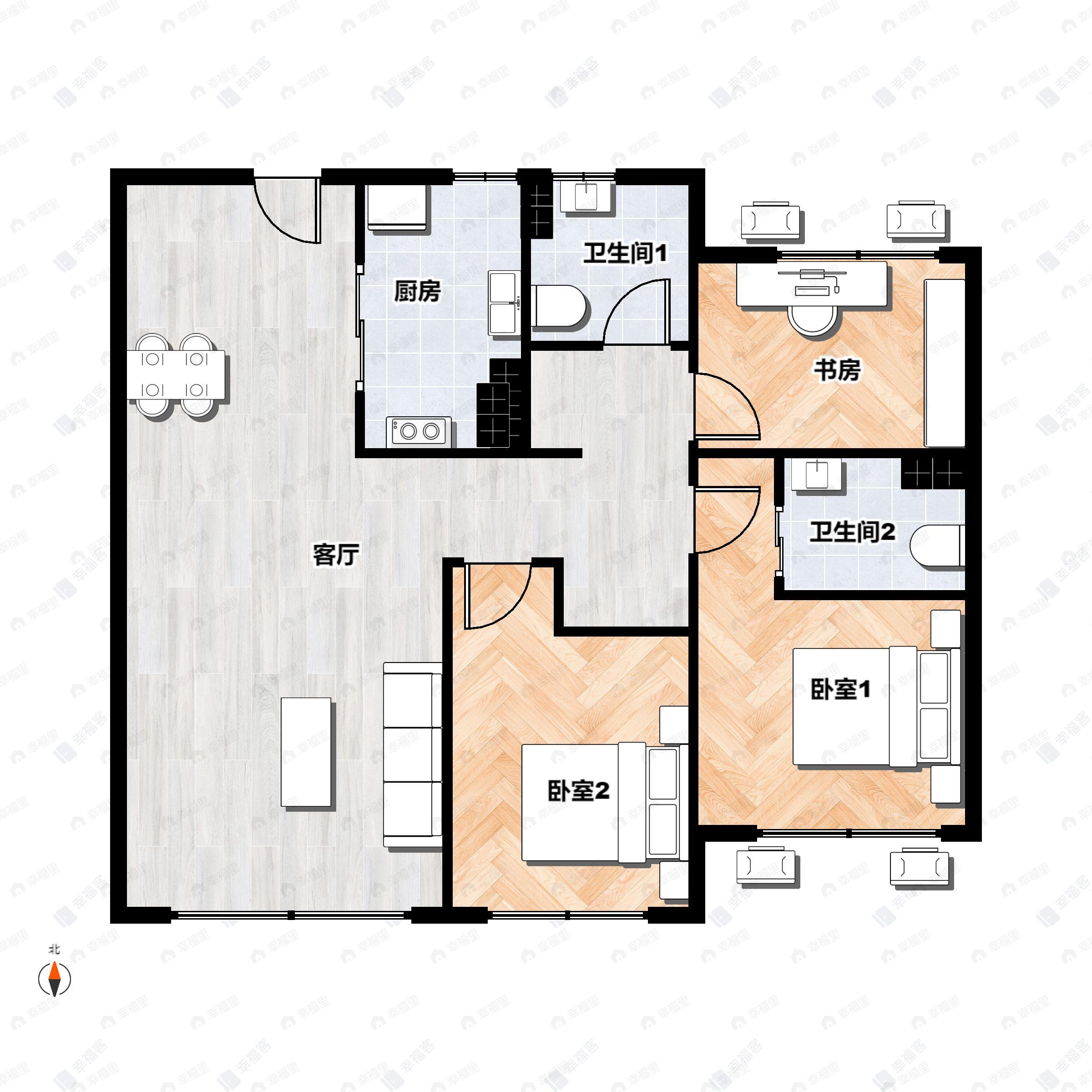 3室2厅2卫建面97平北|南户型图