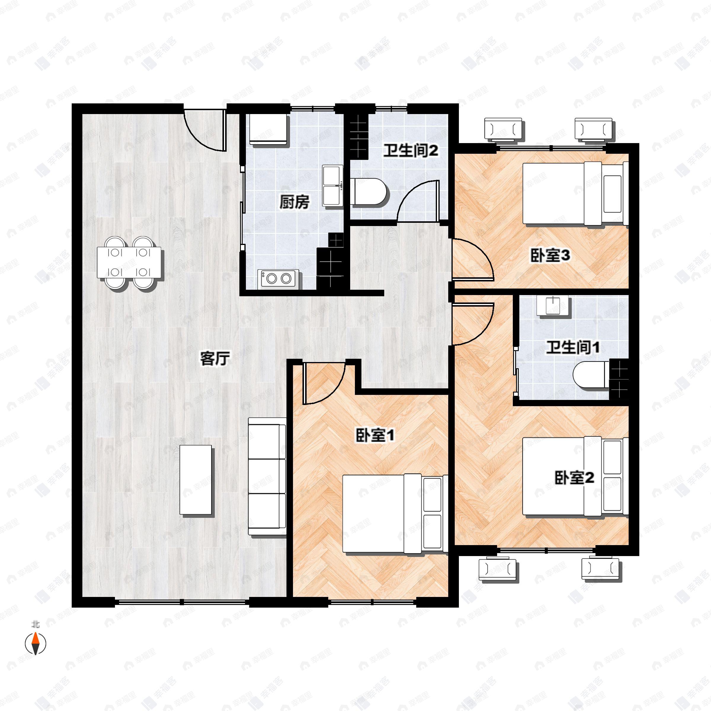 3室2厅2卫建面104平北|南户型图