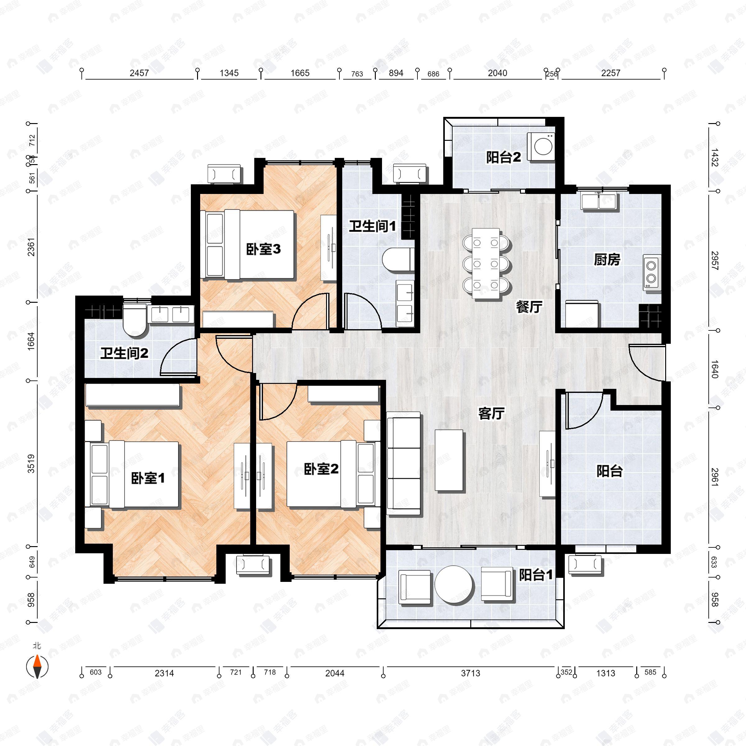 3室2厅2卫建面118平南|北户型图