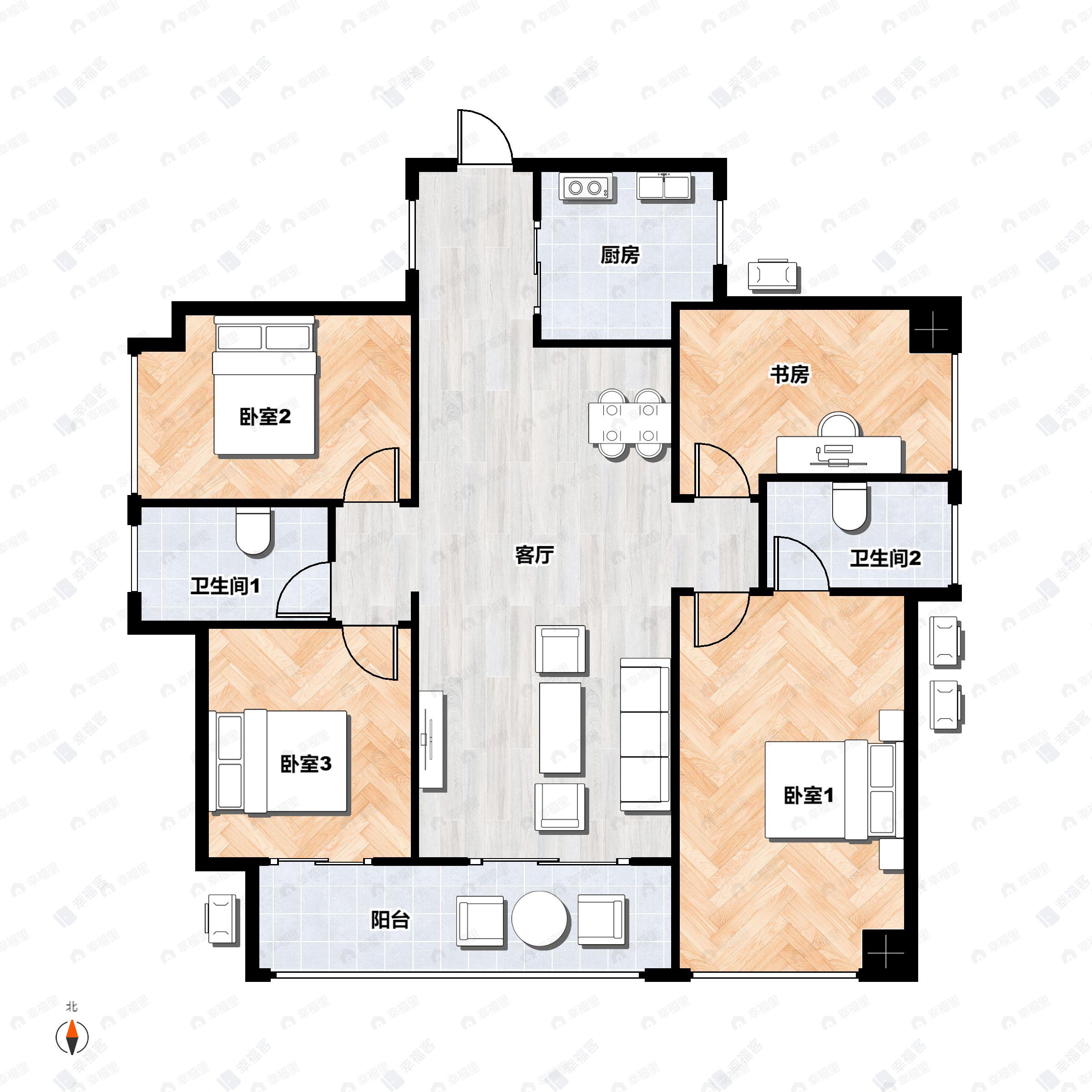 4室2厅2卫建面129m²南户型图
