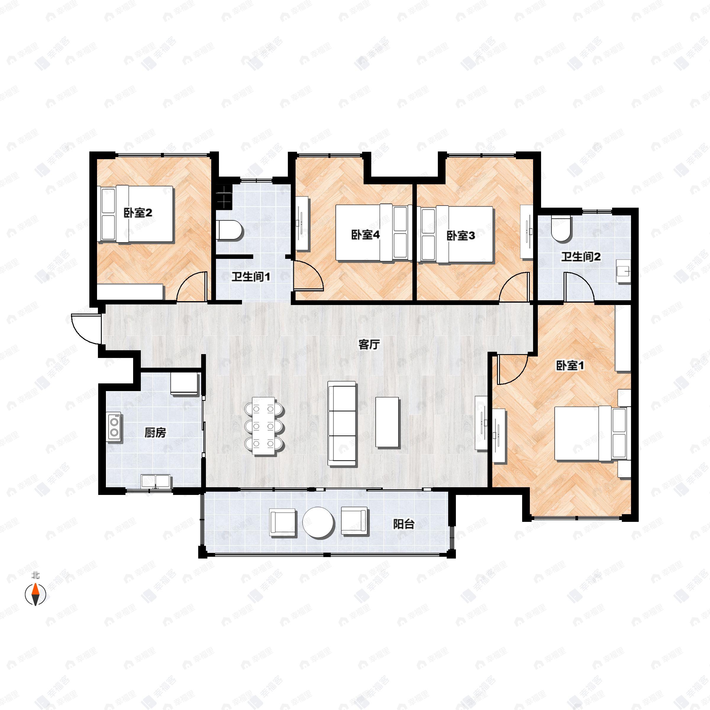 4室2厅2卫建面140m²南户型图