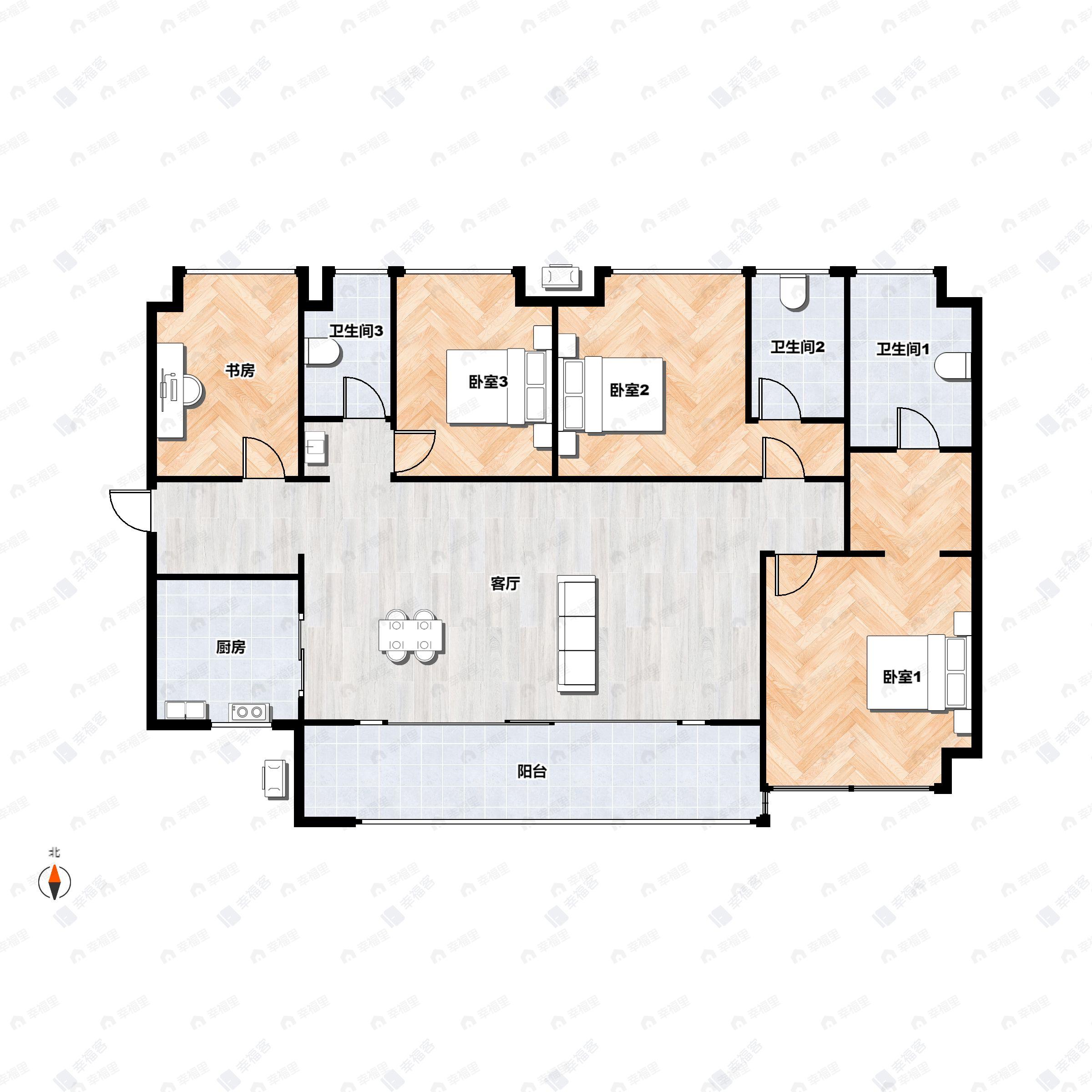 4室2厅3卫建面170m²北|南户型图