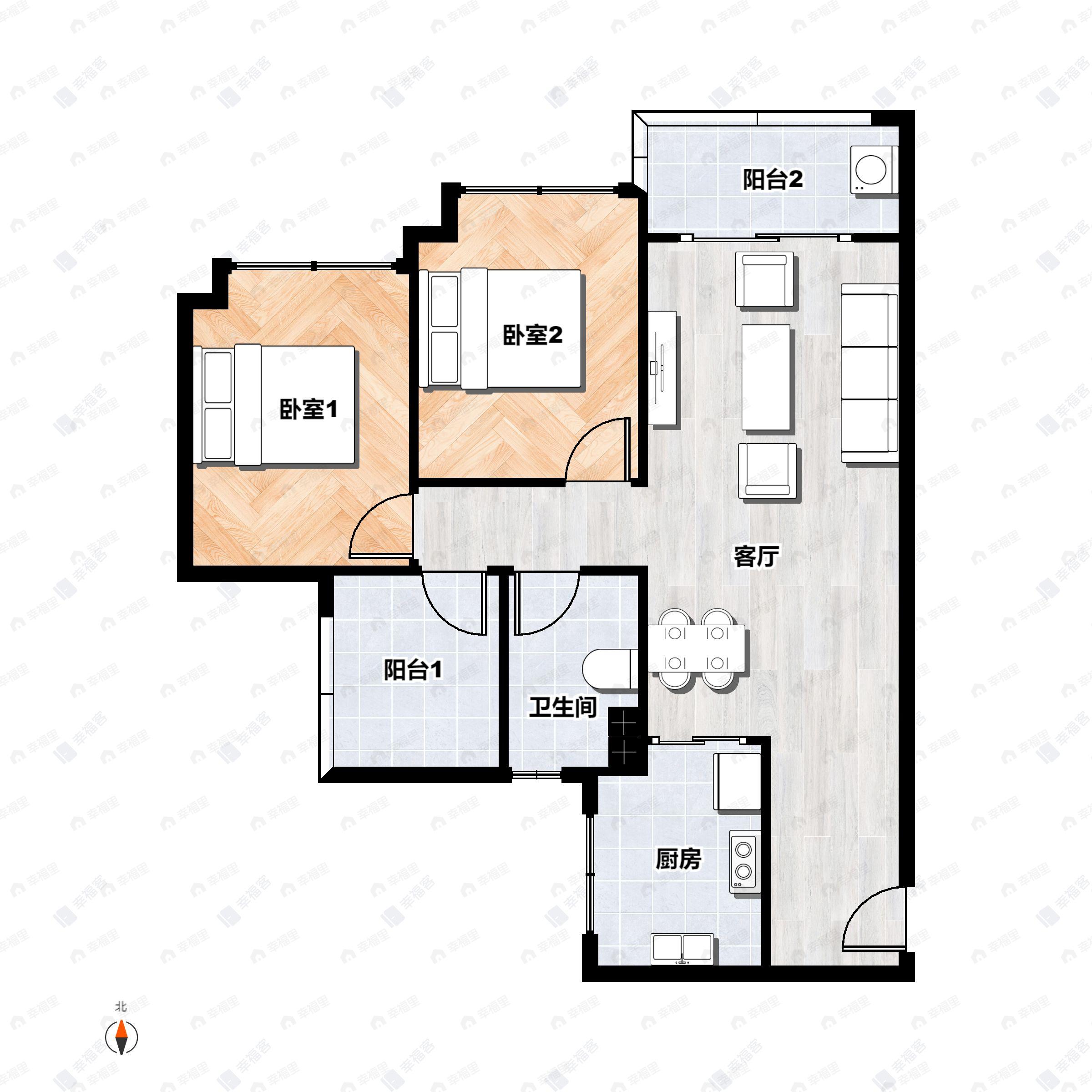 2室2厅1卫建面78m²北户型图