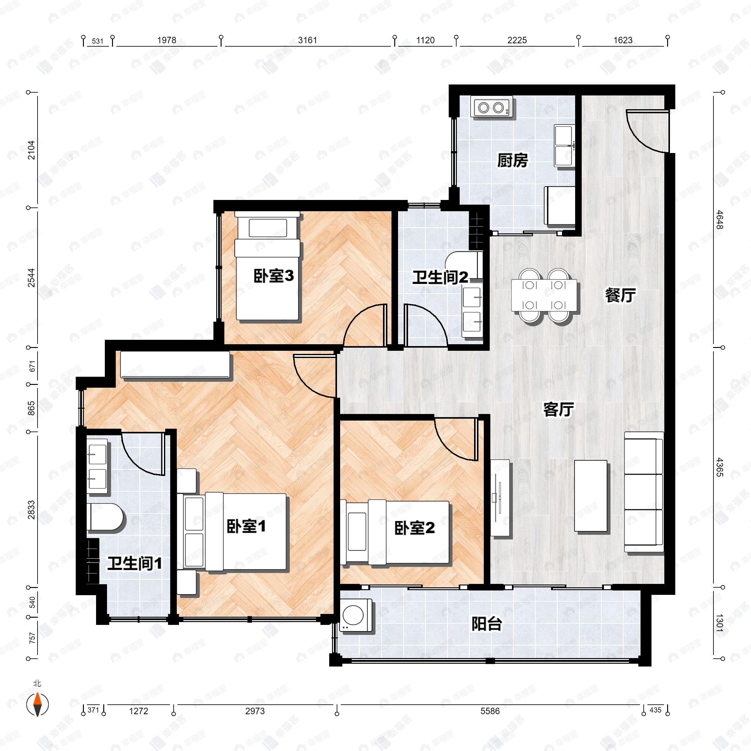 3室2厅2卫建面97平南户型图