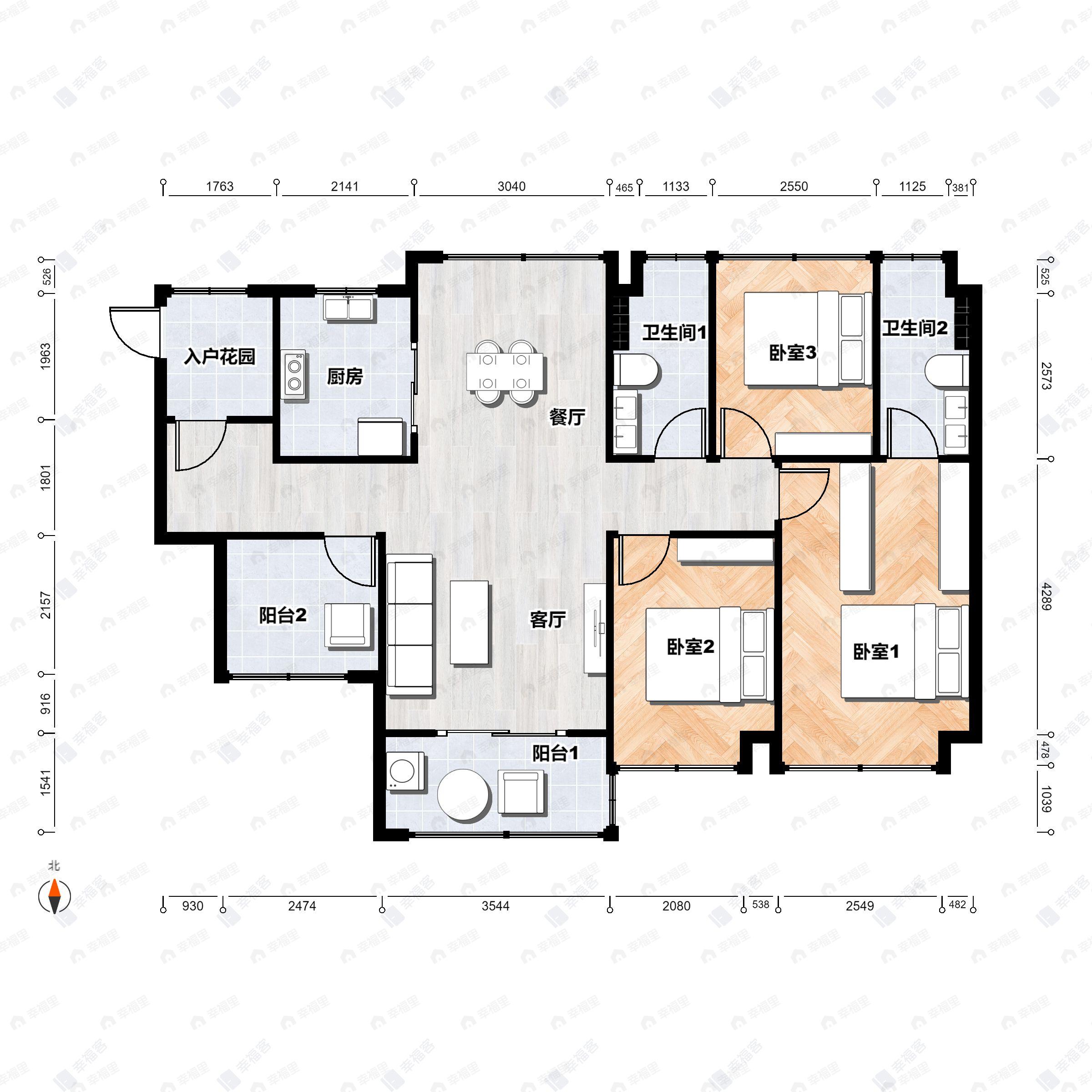 3室2厅2卫建面107平南户型图
