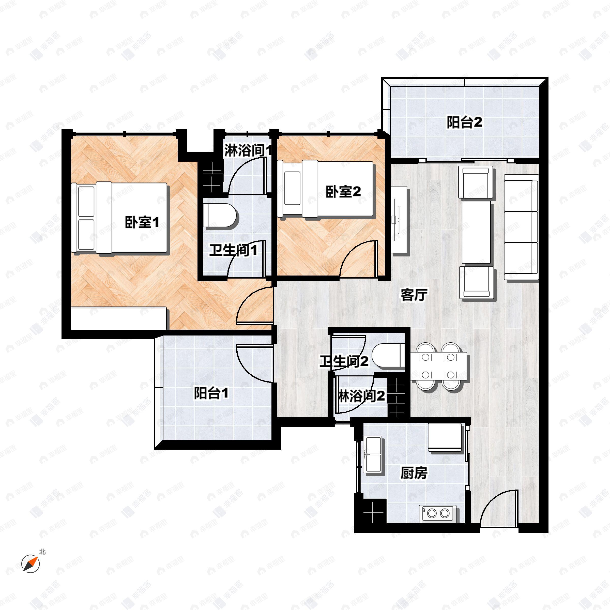 2室2厅2卫建面77m²北户型图