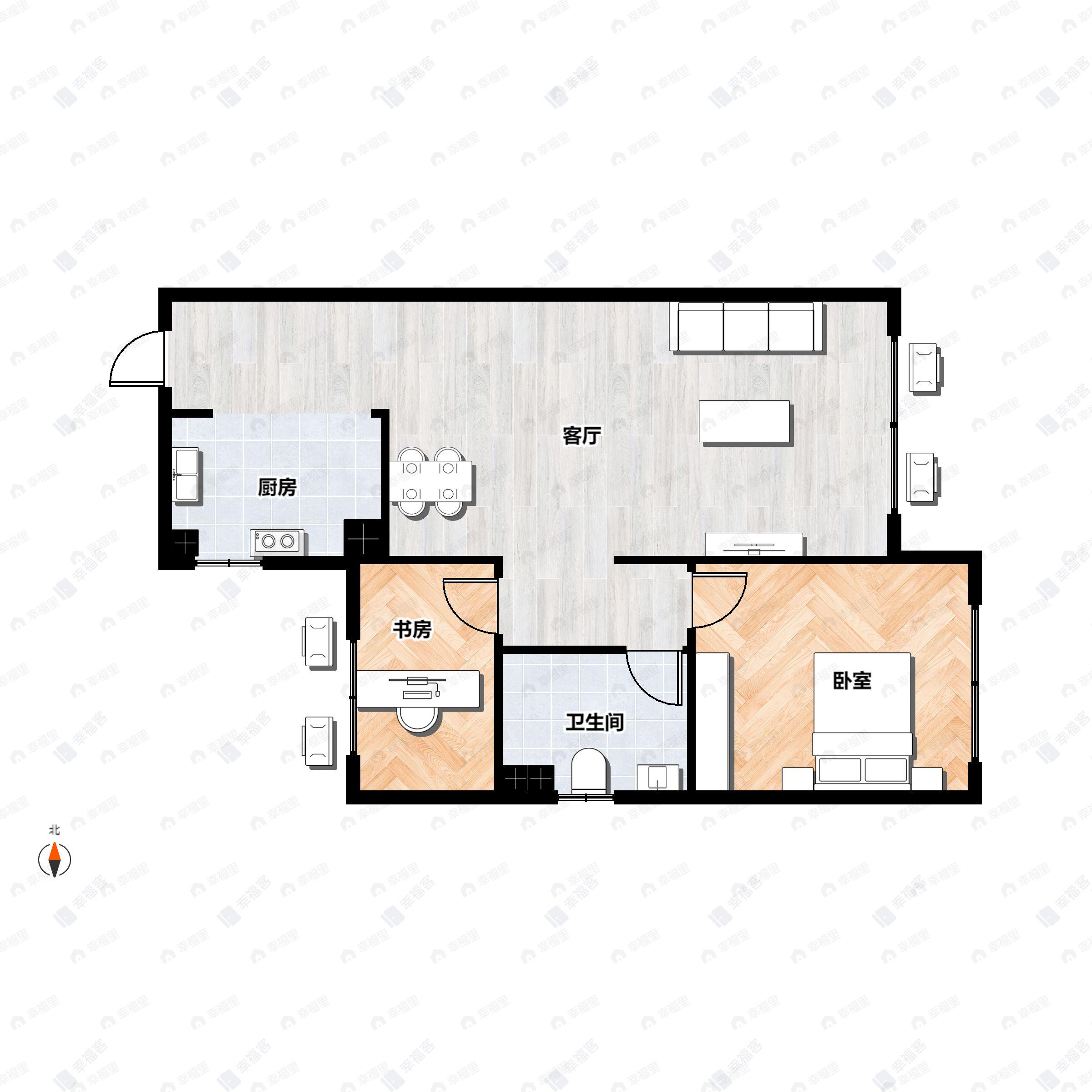 2室2厅1卫建面78m²西|东户型图