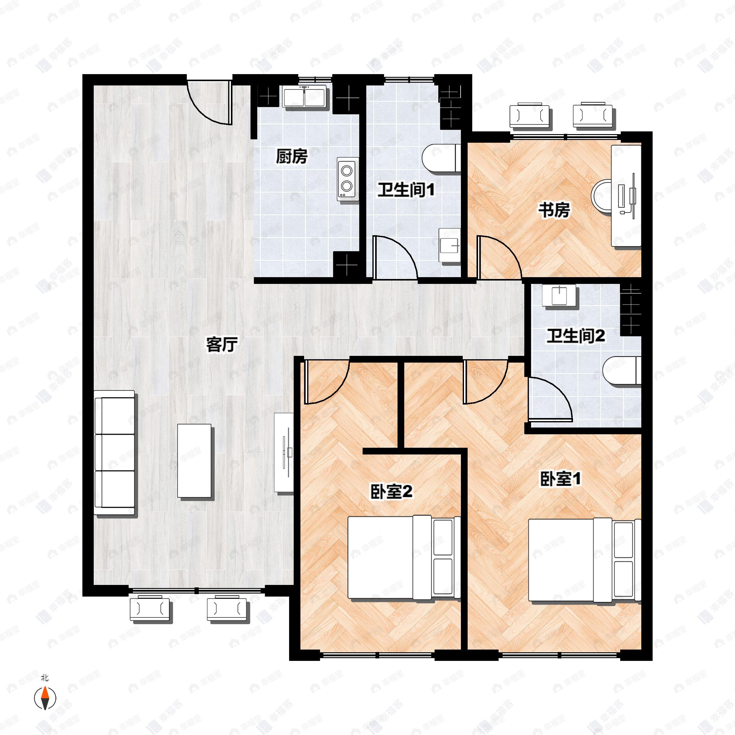 3室2厅2卫建面104平户型图
