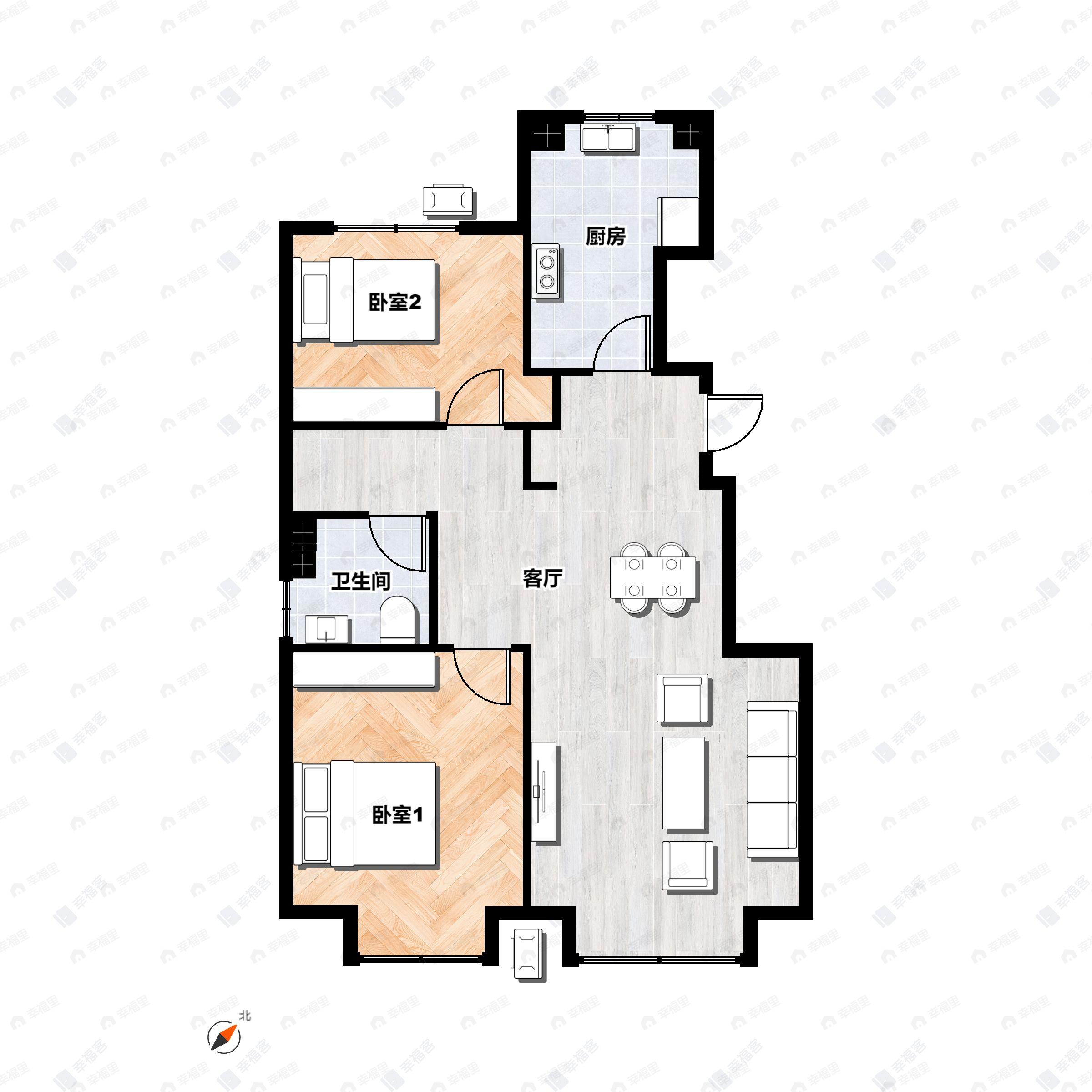2室2厅1卫建面78平户型图