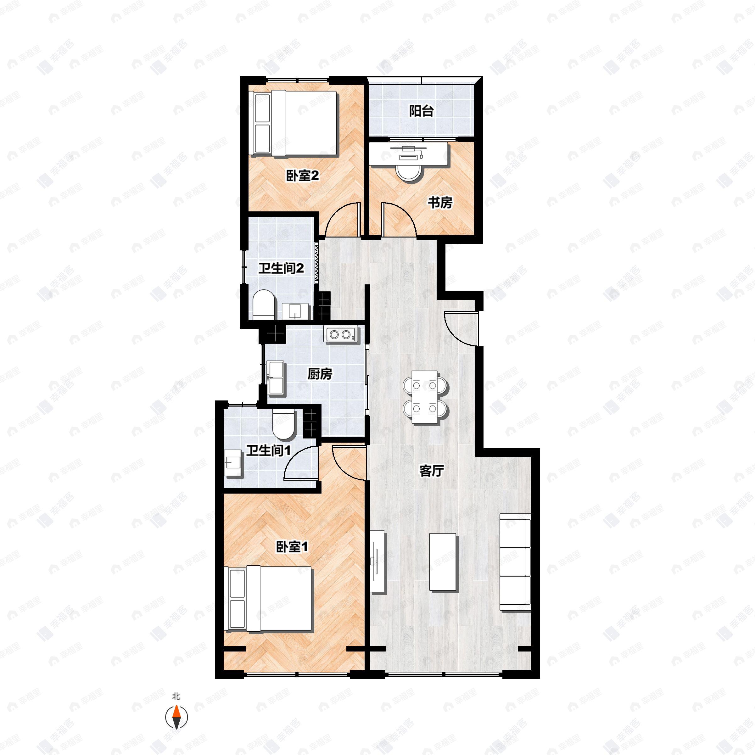 3室2厅2卫建面89平北|南户型图