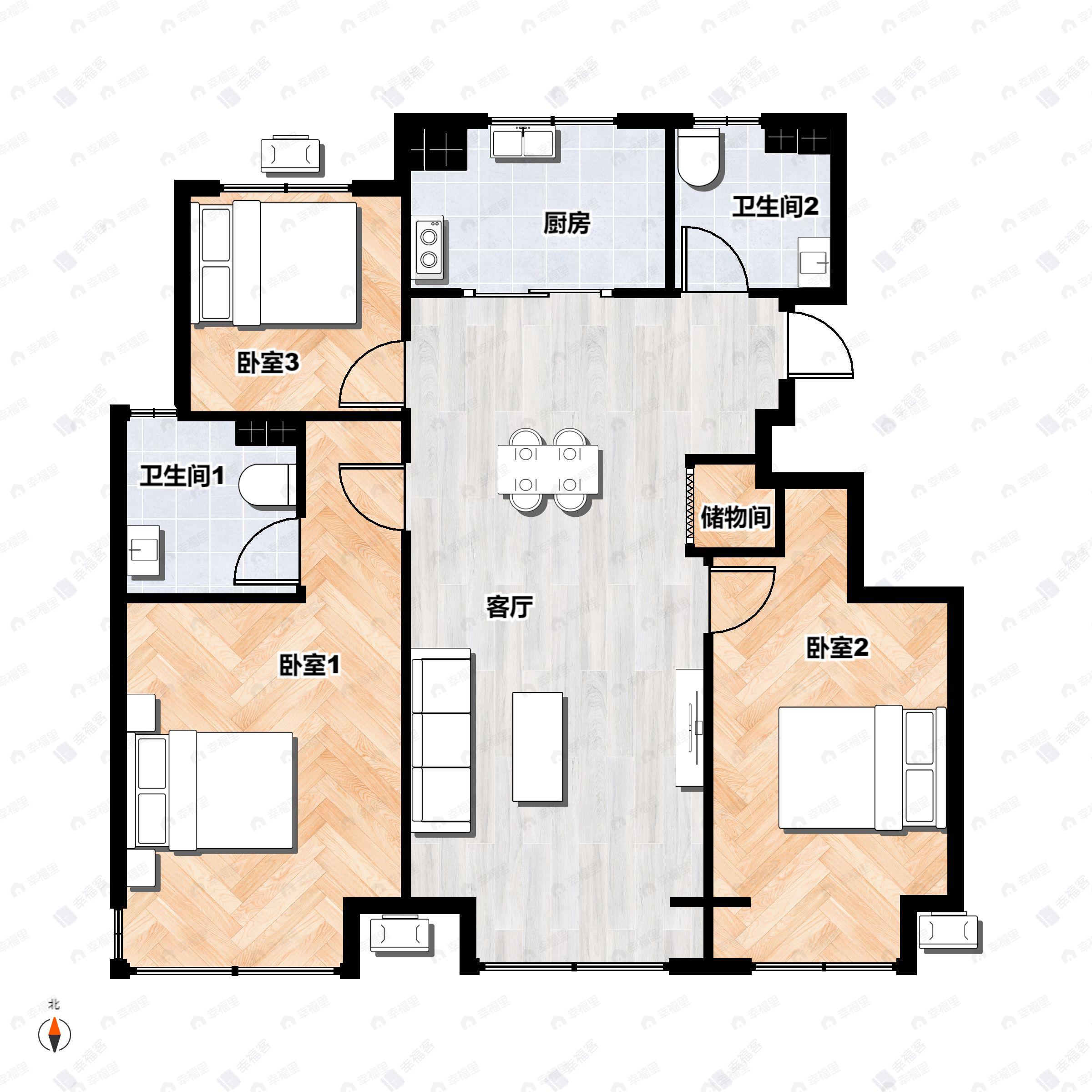 3室2厅2卫建面100平户型图