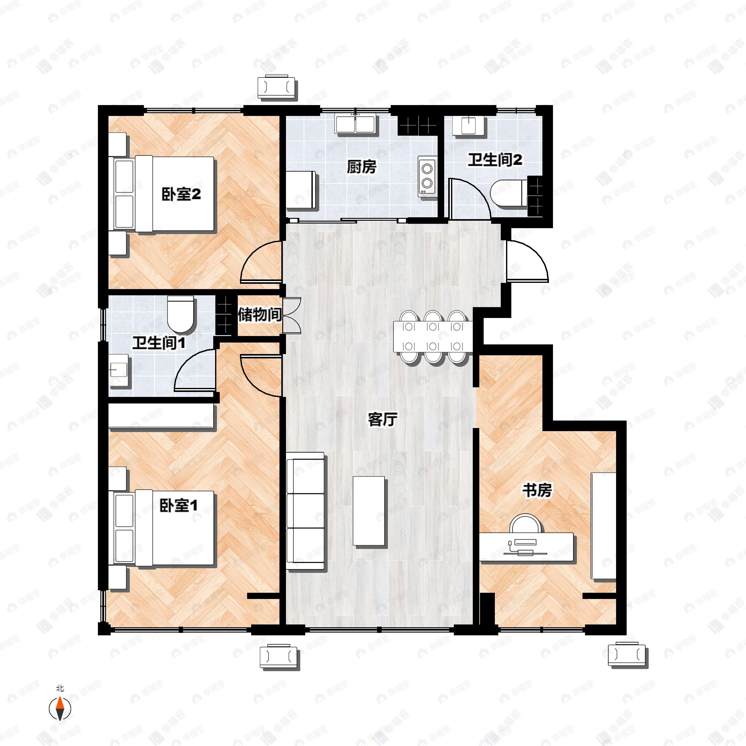3室2厅2卫建面95平北|南户型图