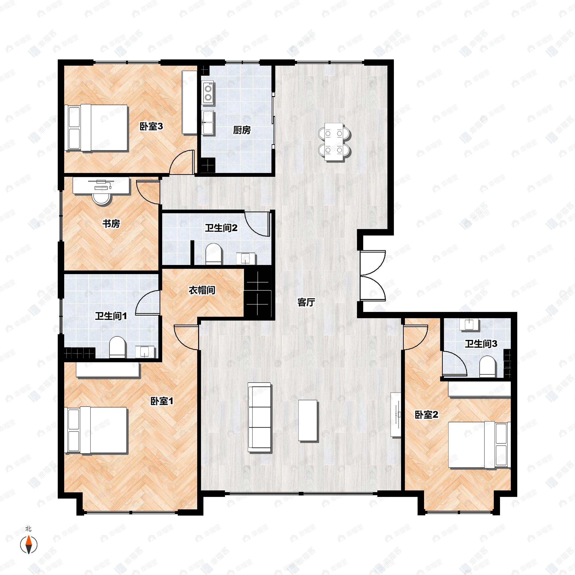 4室2厅3卫建面195平北|南户型图