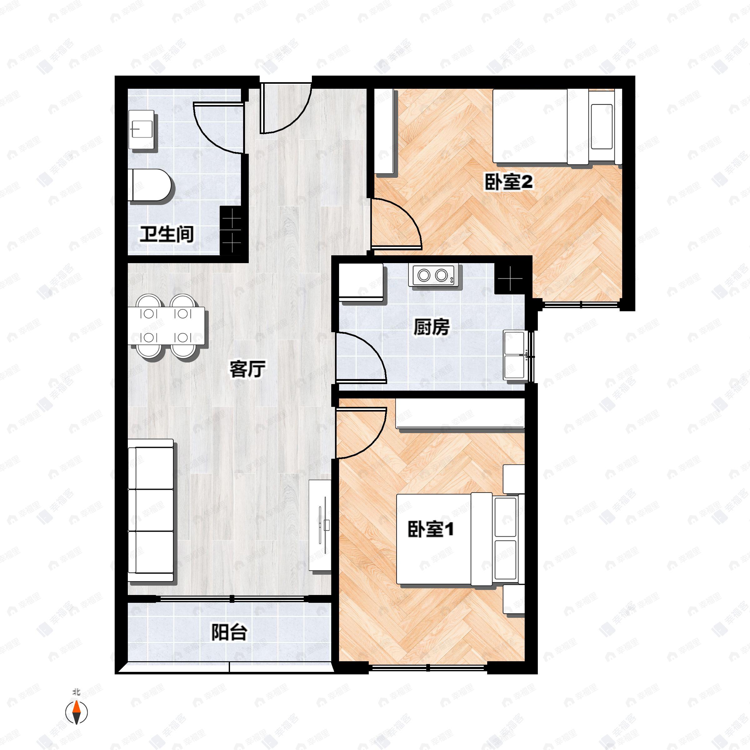 2室2厅1卫建面70m²南户型图