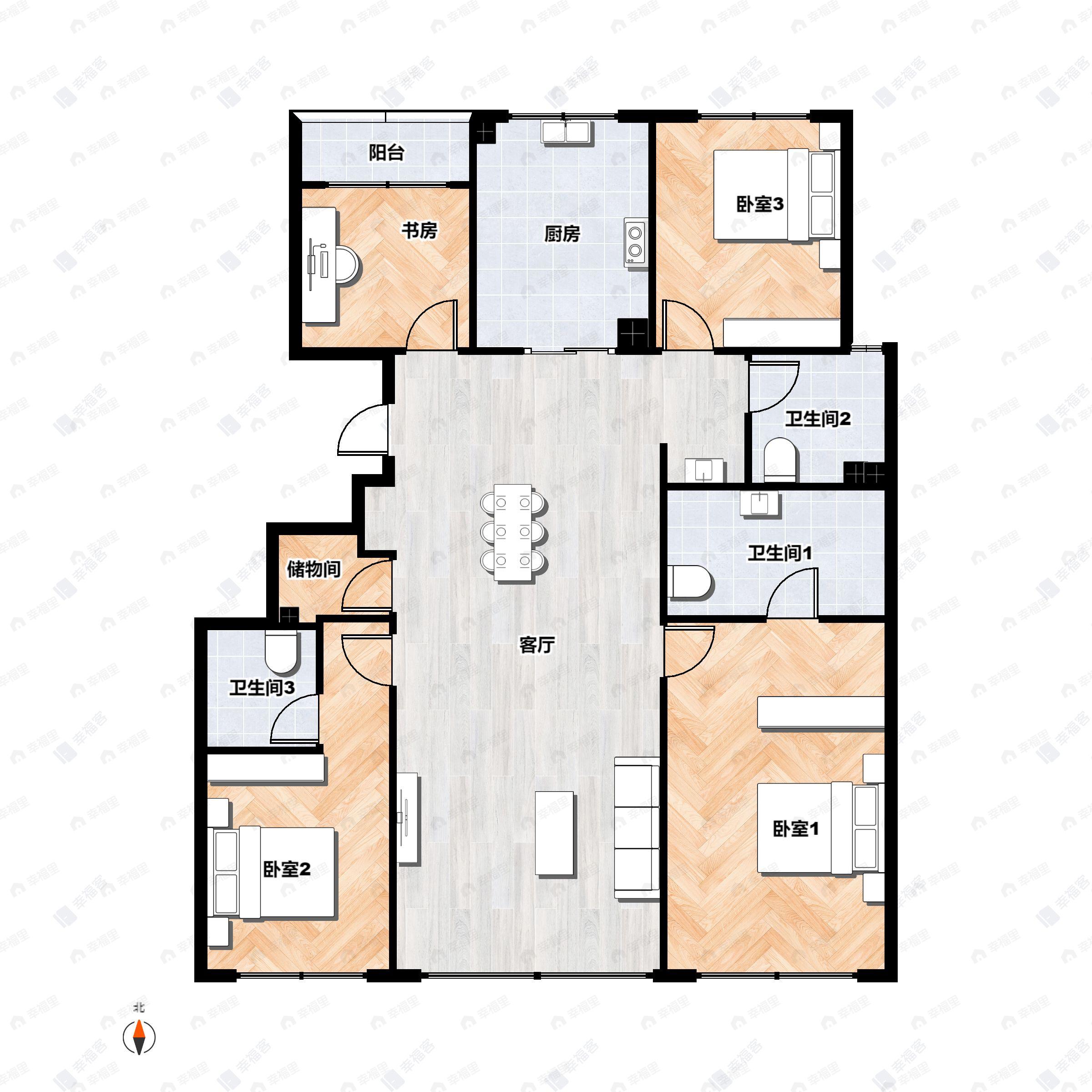 4室2厅3卫建面144平北|南户型图