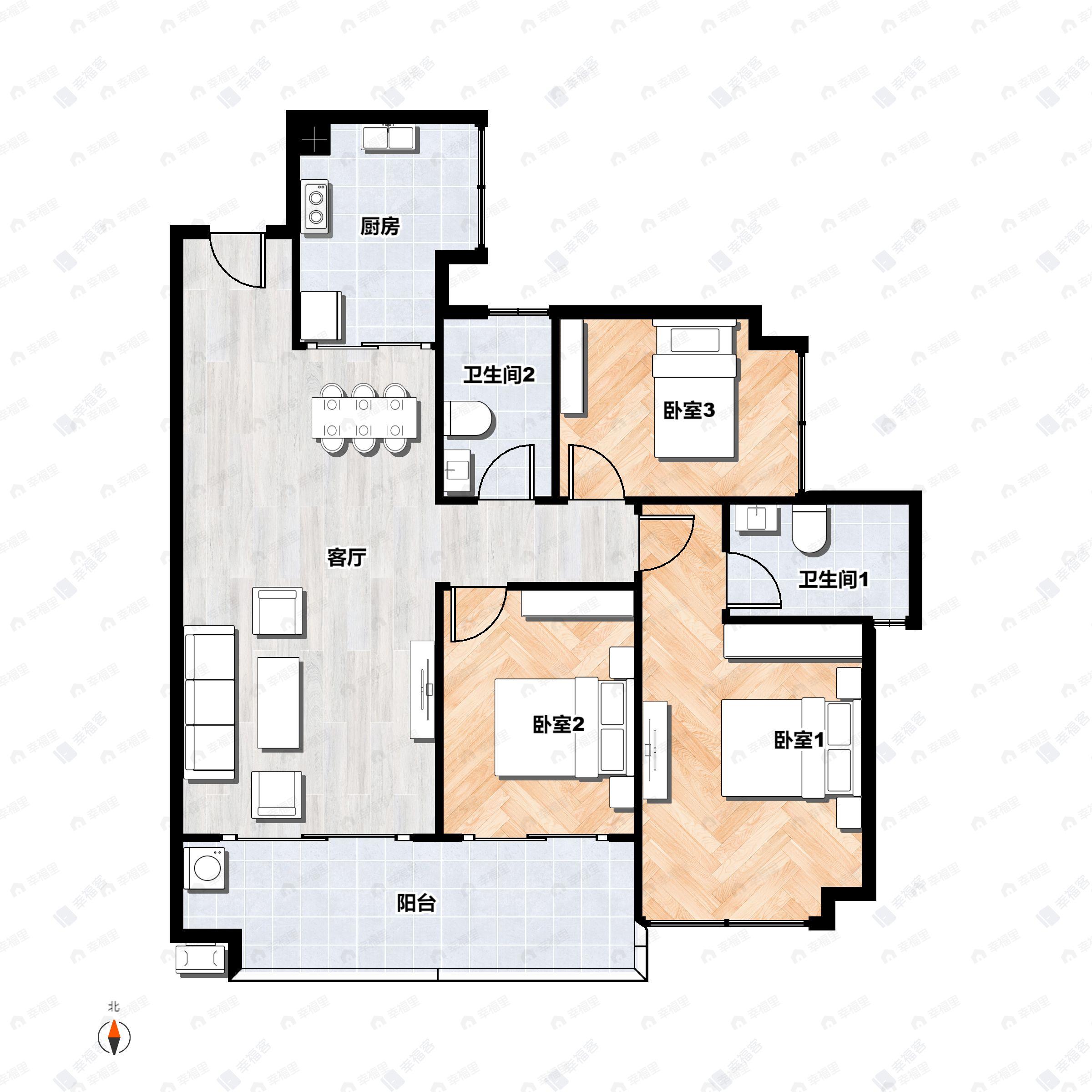 3室2厅2卫建面109平南户型图