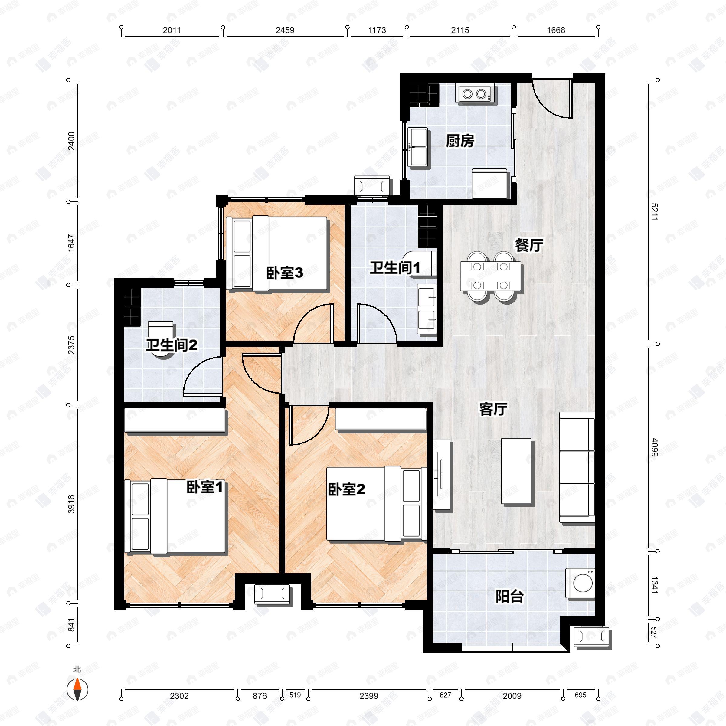 3室2厅2卫建面94平户型图