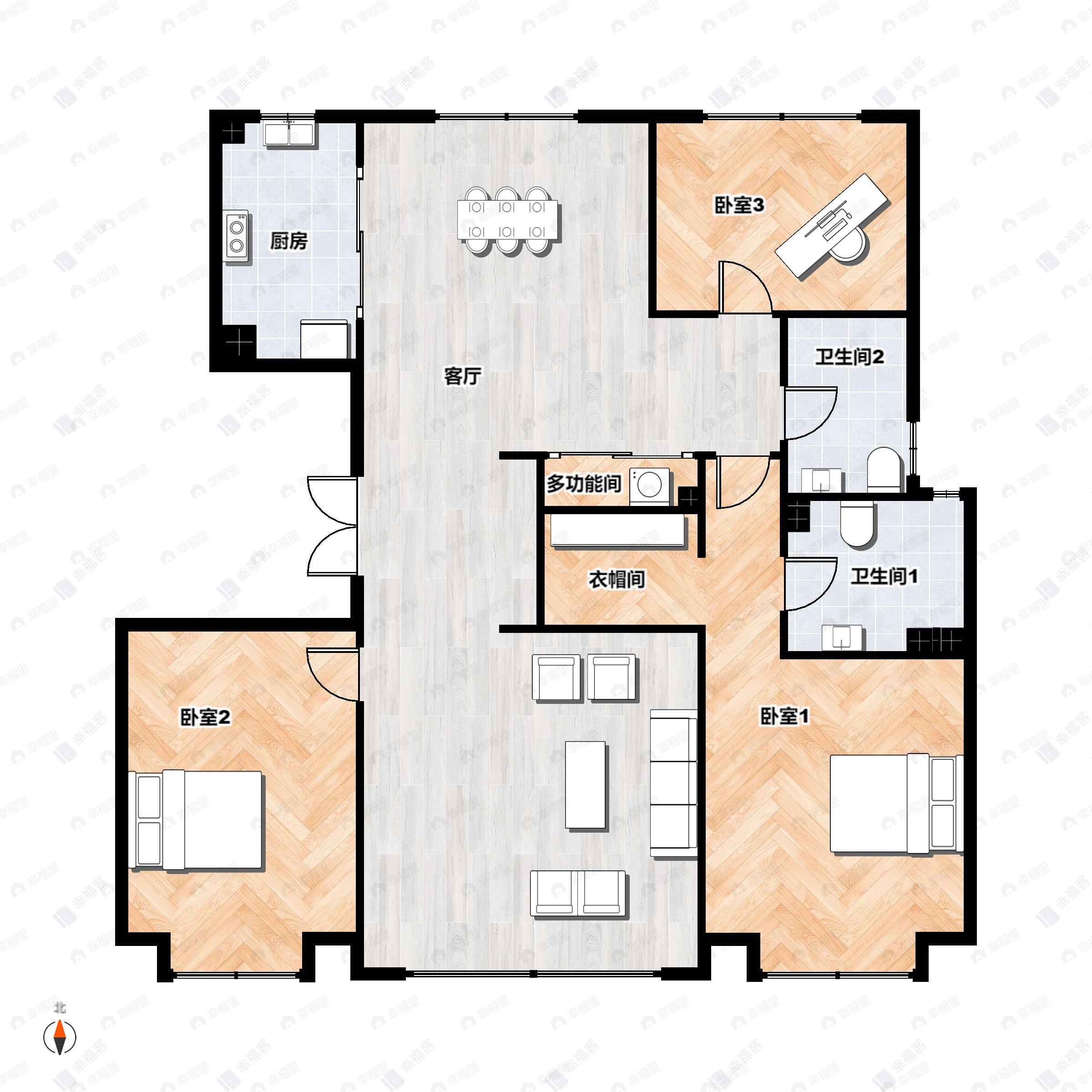 3室2厅2卫建面155m²东|南|北户型图