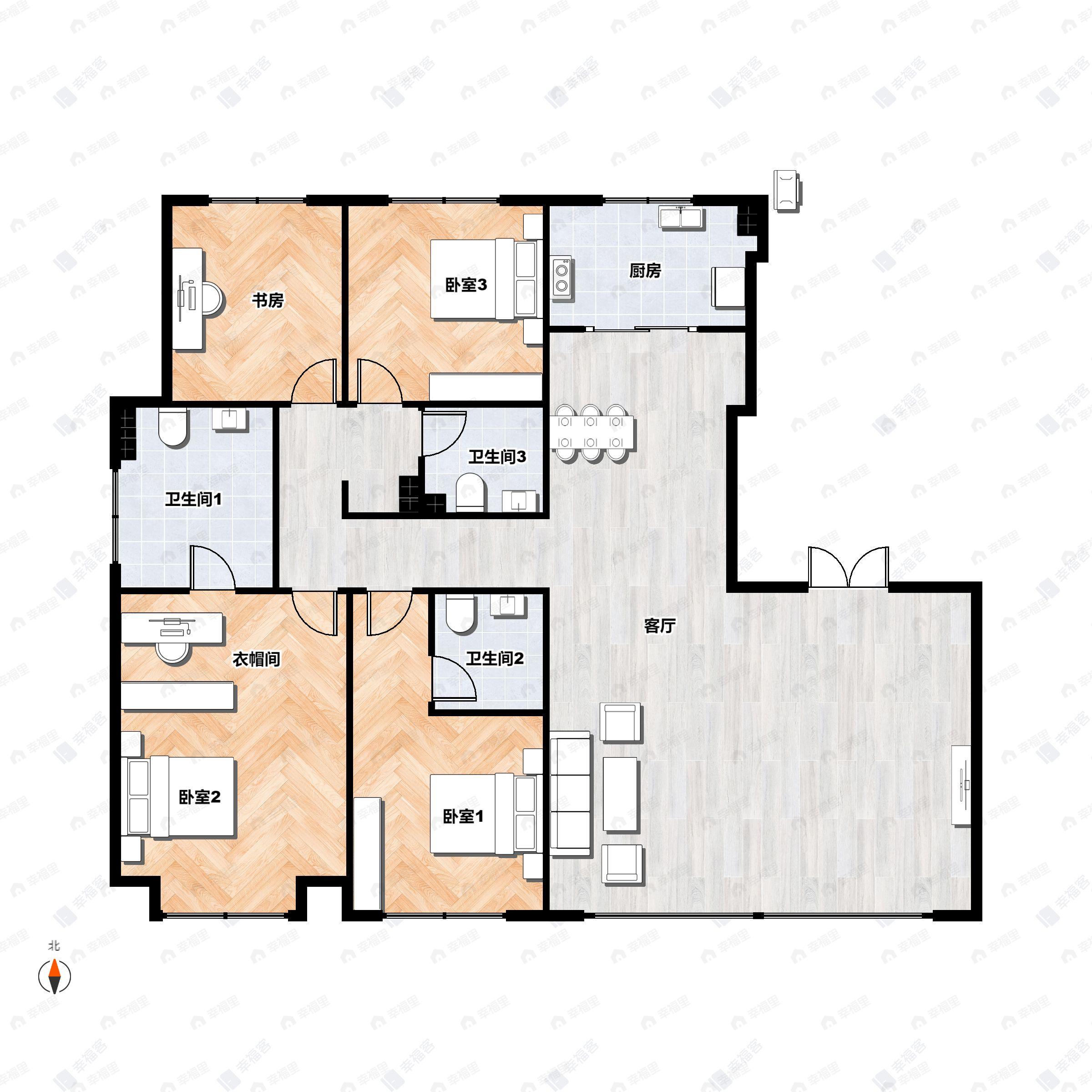 4室2厅3卫建面180平南|北户型图