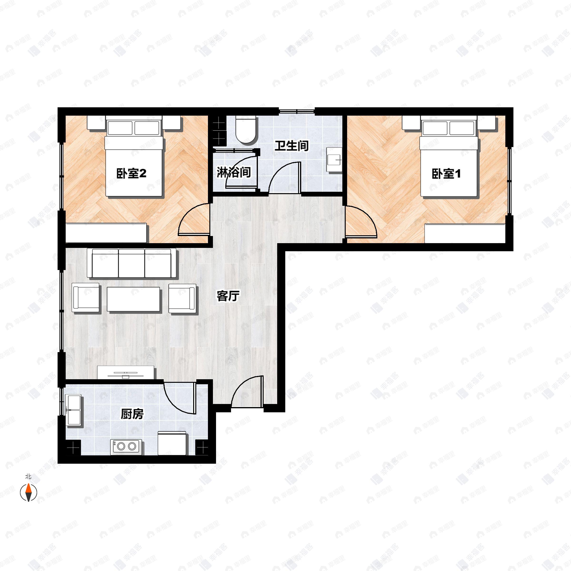 2室1厅1卫建面70平西北户型图