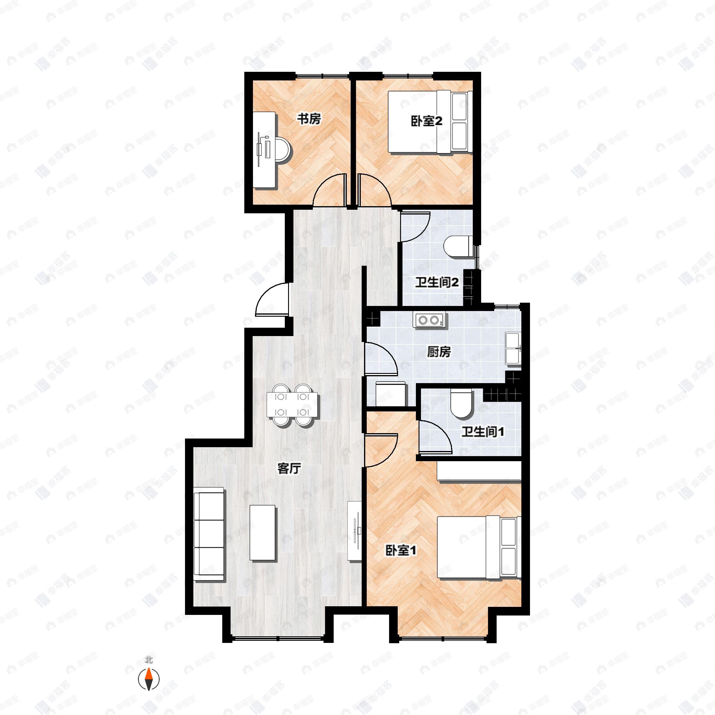 3室2厅2卫建面90平南|北户型图