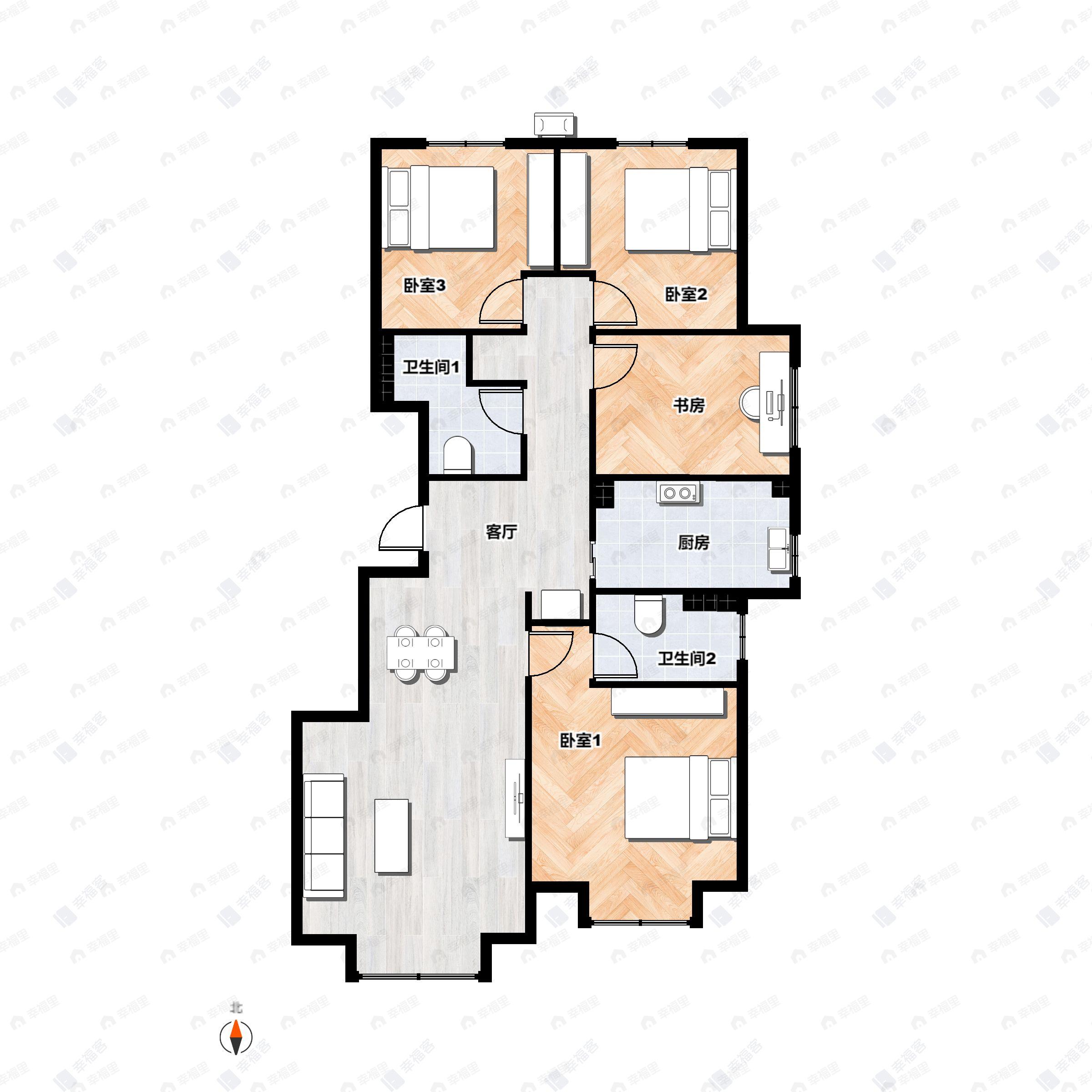 4室2厅2卫建面110平西|北|南户型图