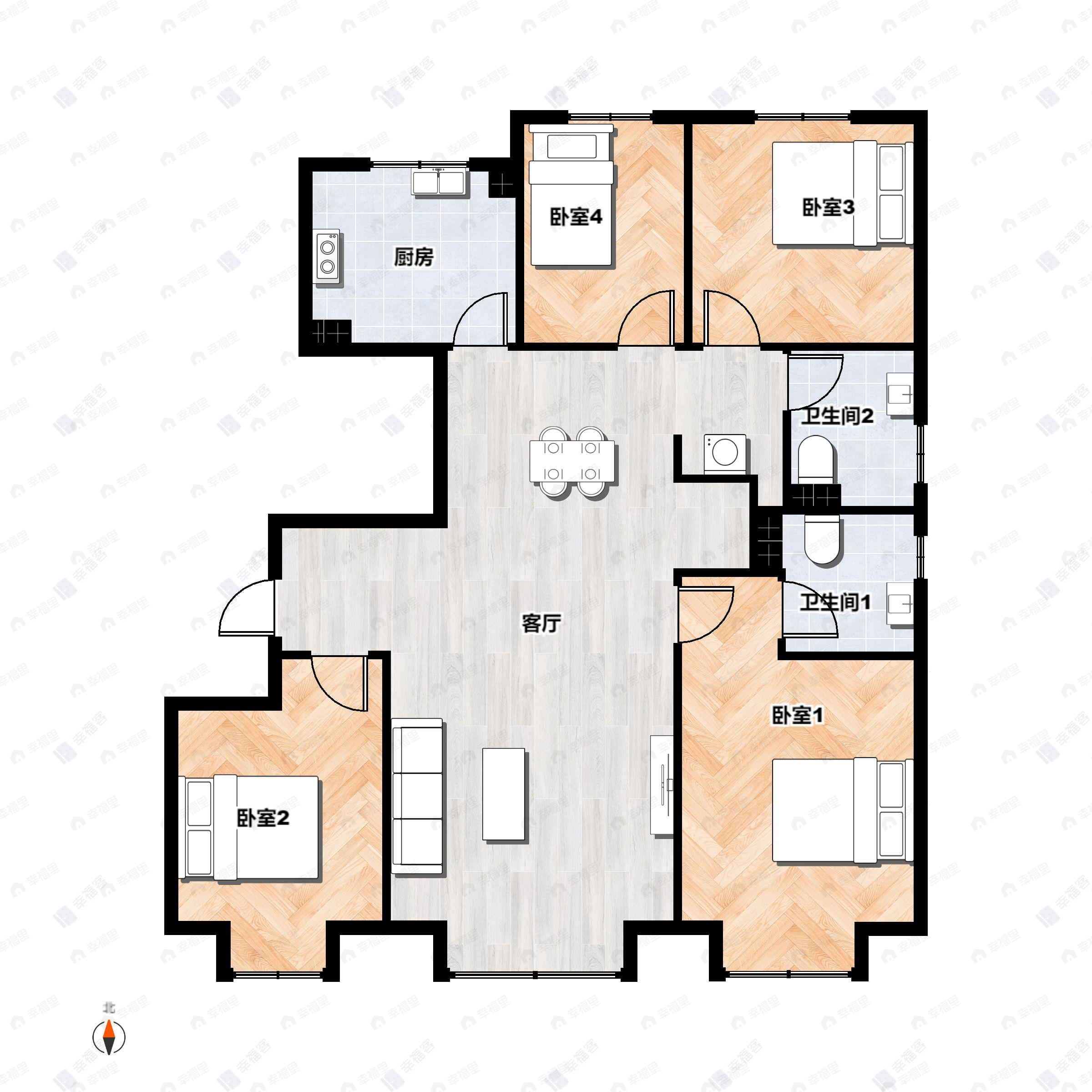 4室2厅2卫建面118平北|南户型图