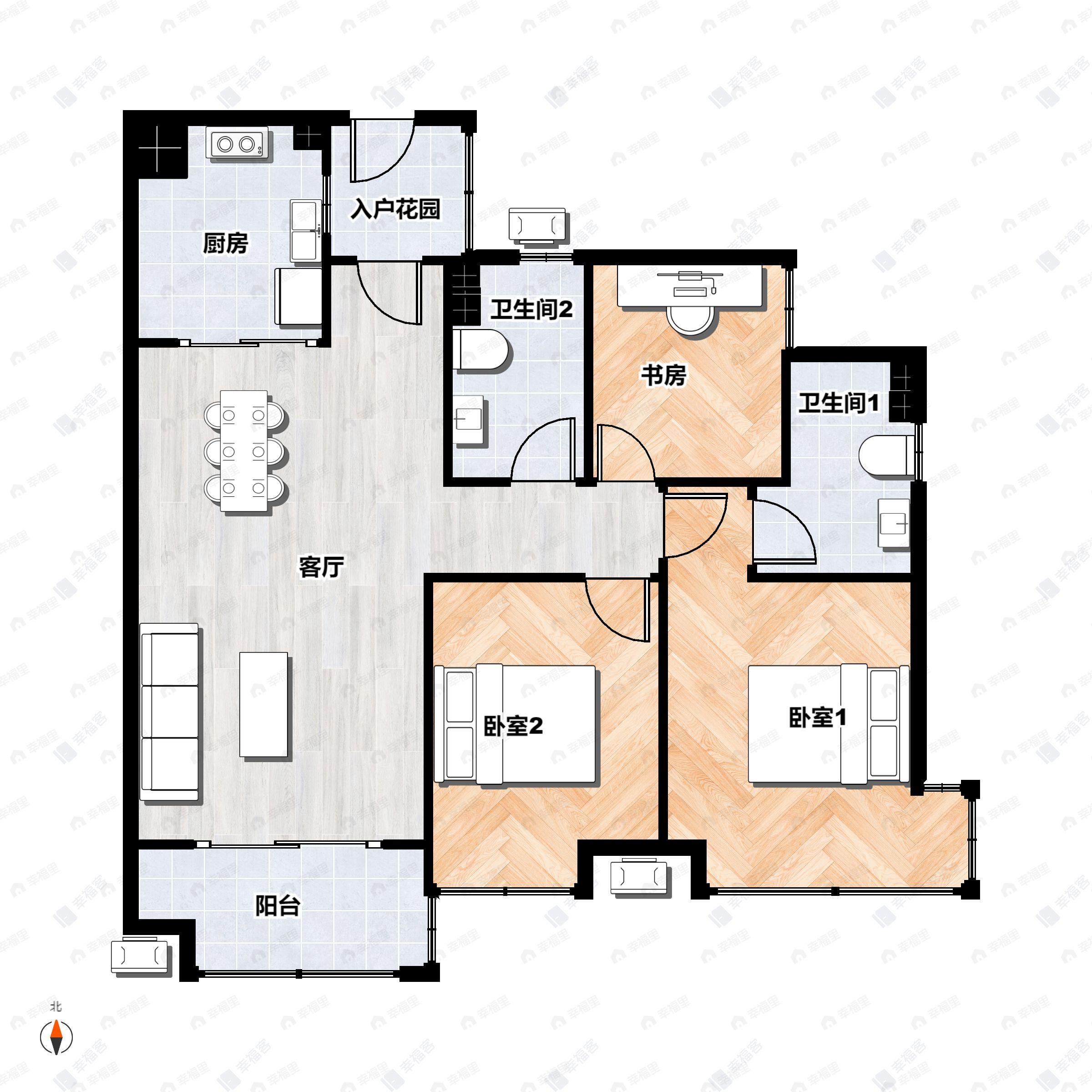 3室2厅2卫建面96m²南户型图