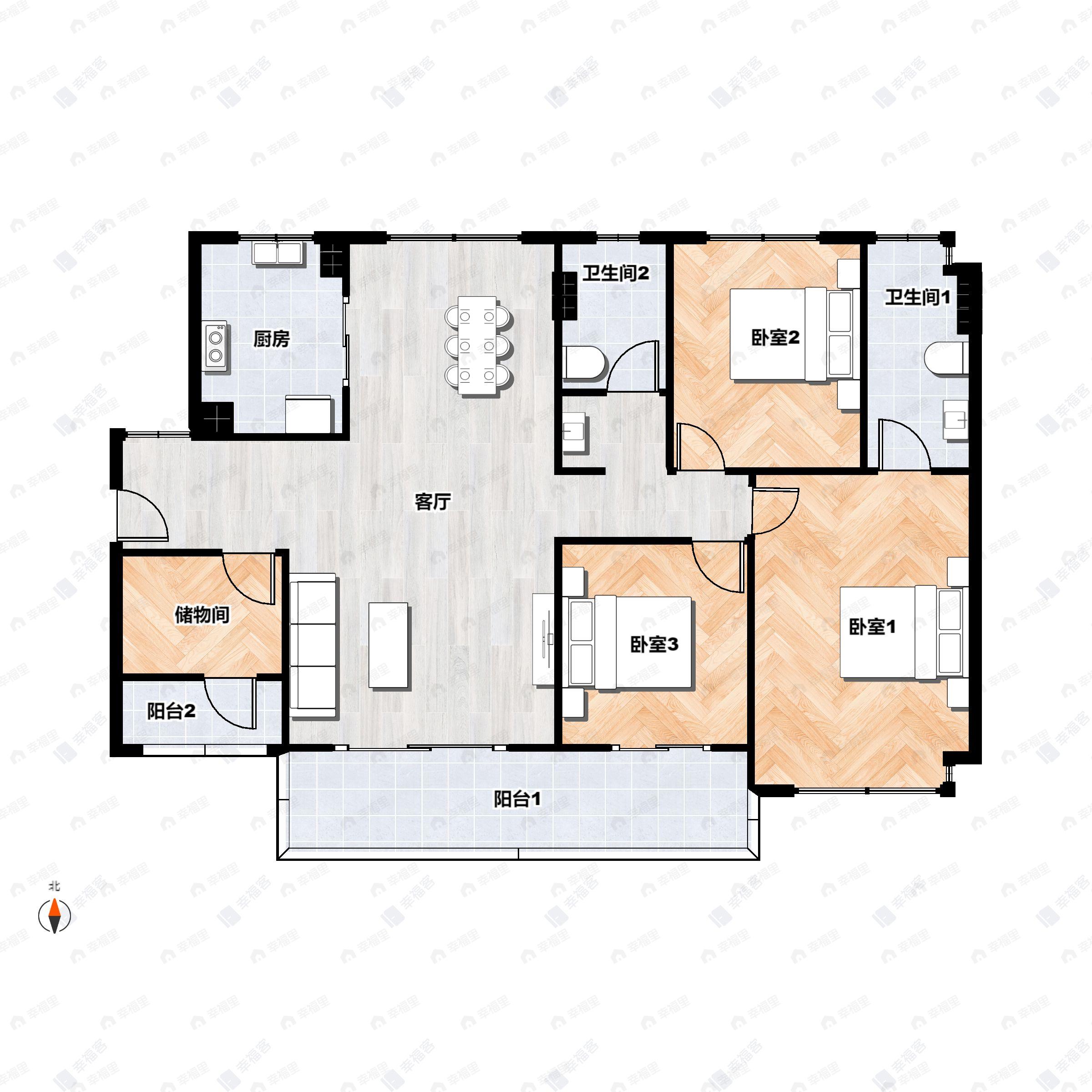3室2厅2卫建面126平南户型图