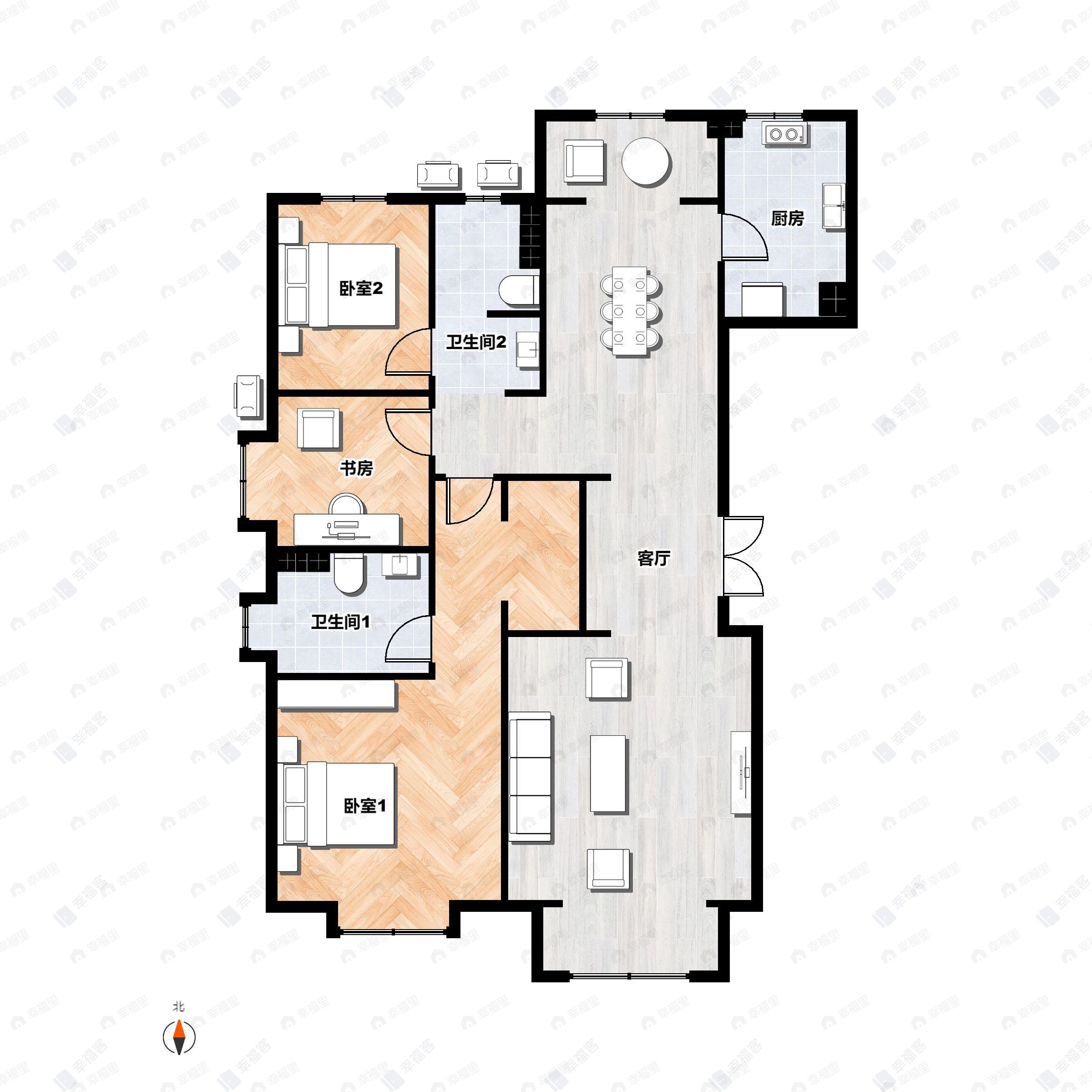 3室2厅2卫建面125m²南|北户型图