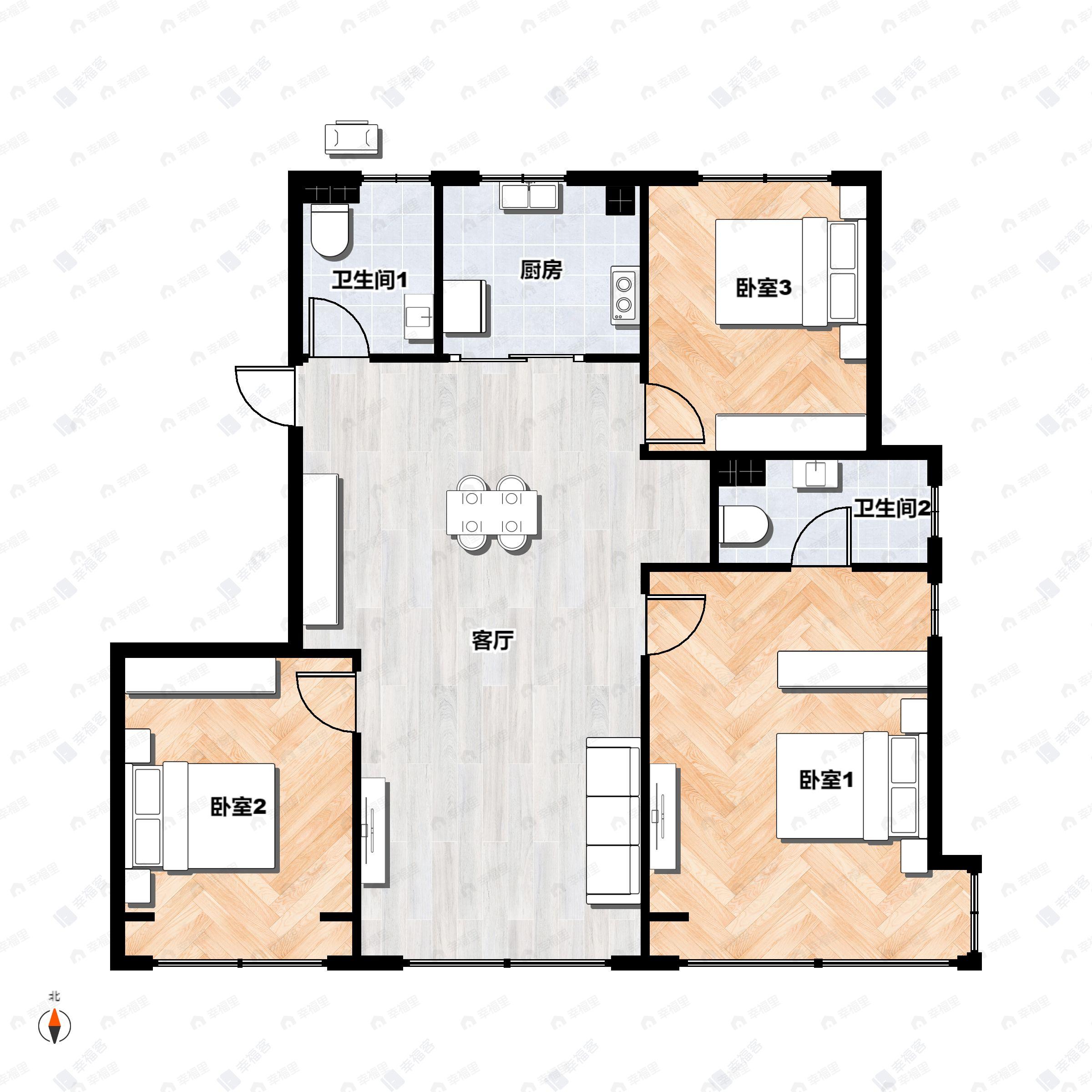 3室2厅2卫建面109m²南|北户型图
