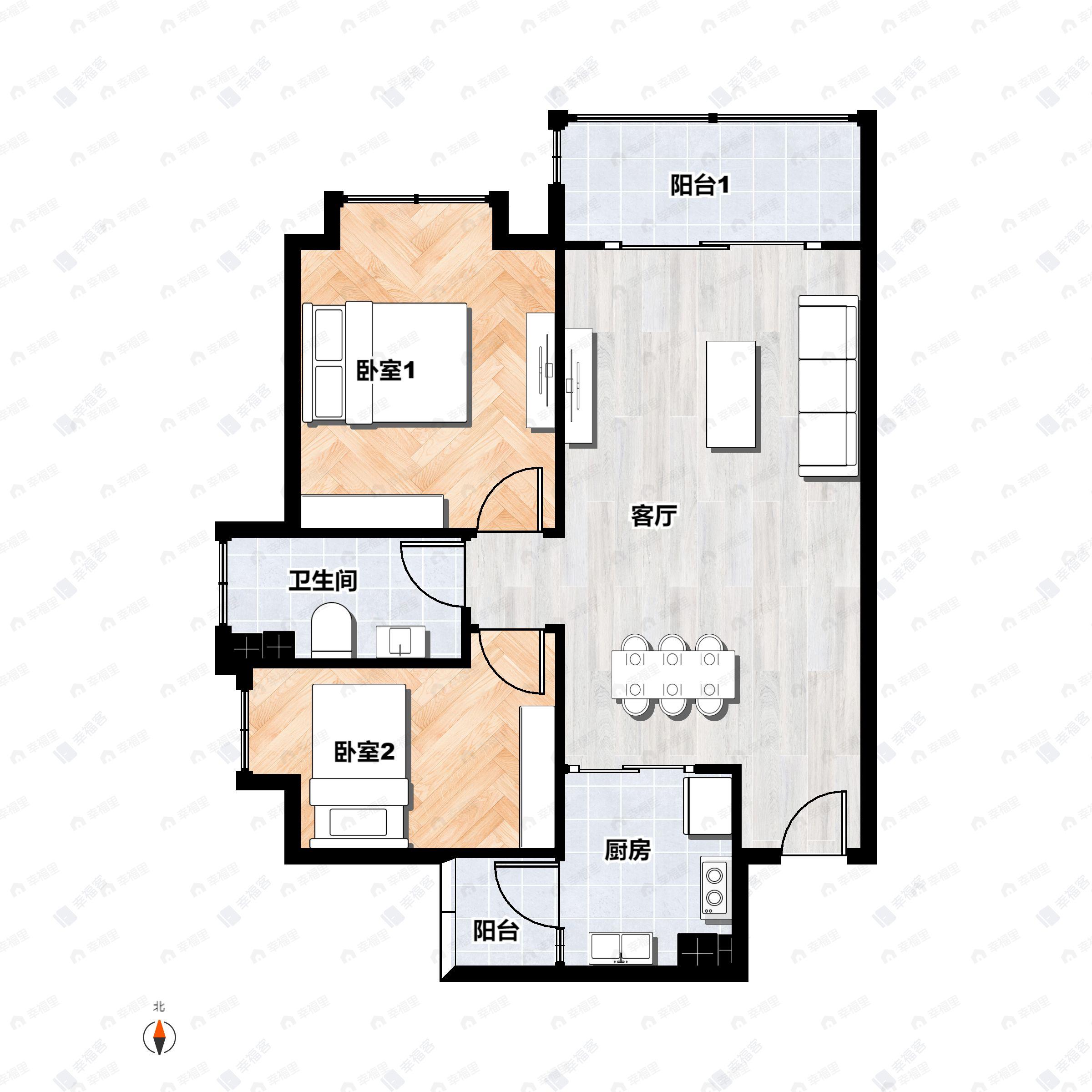 2室2厅1卫建面77平户型图