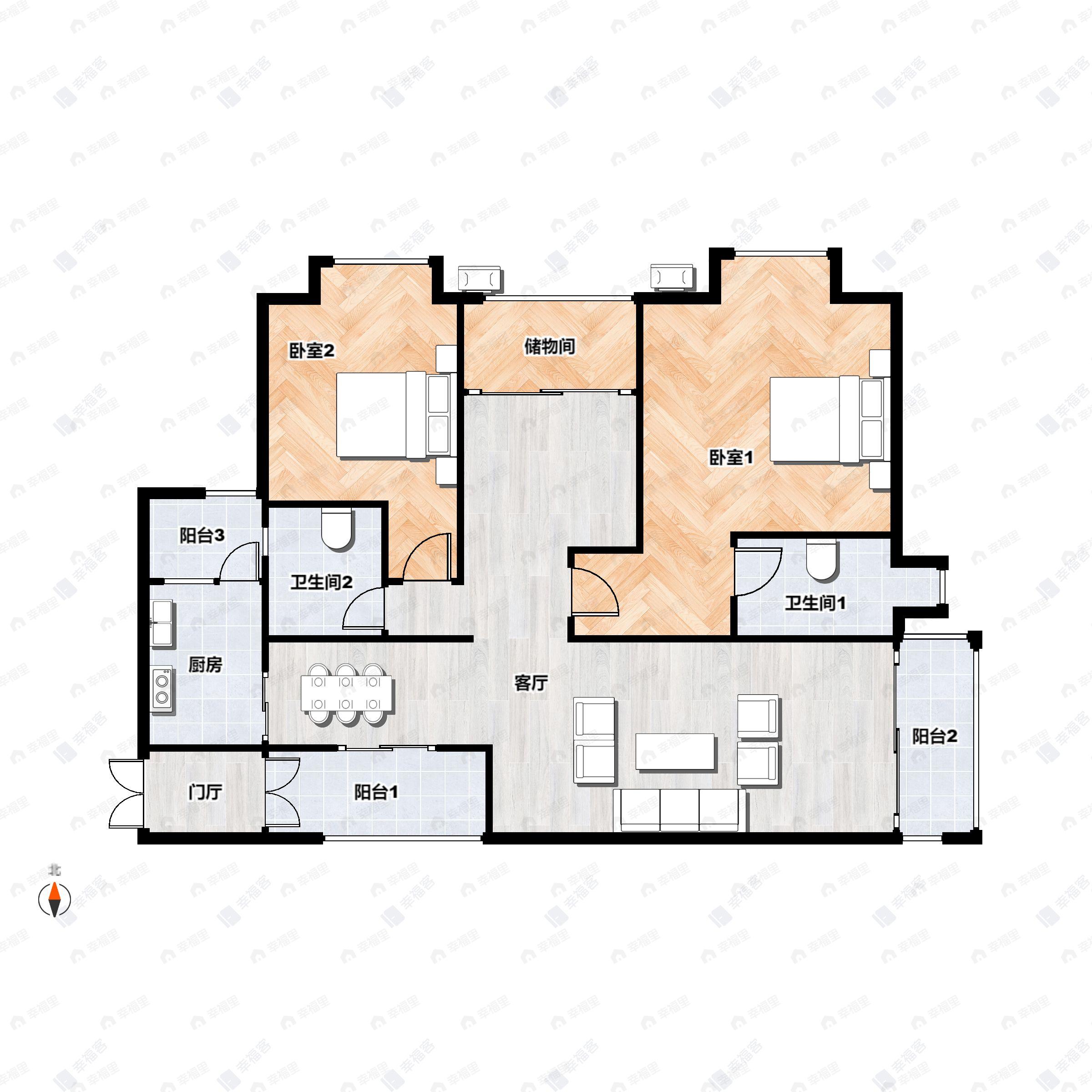 2室2厅2卫建面124平南户型图