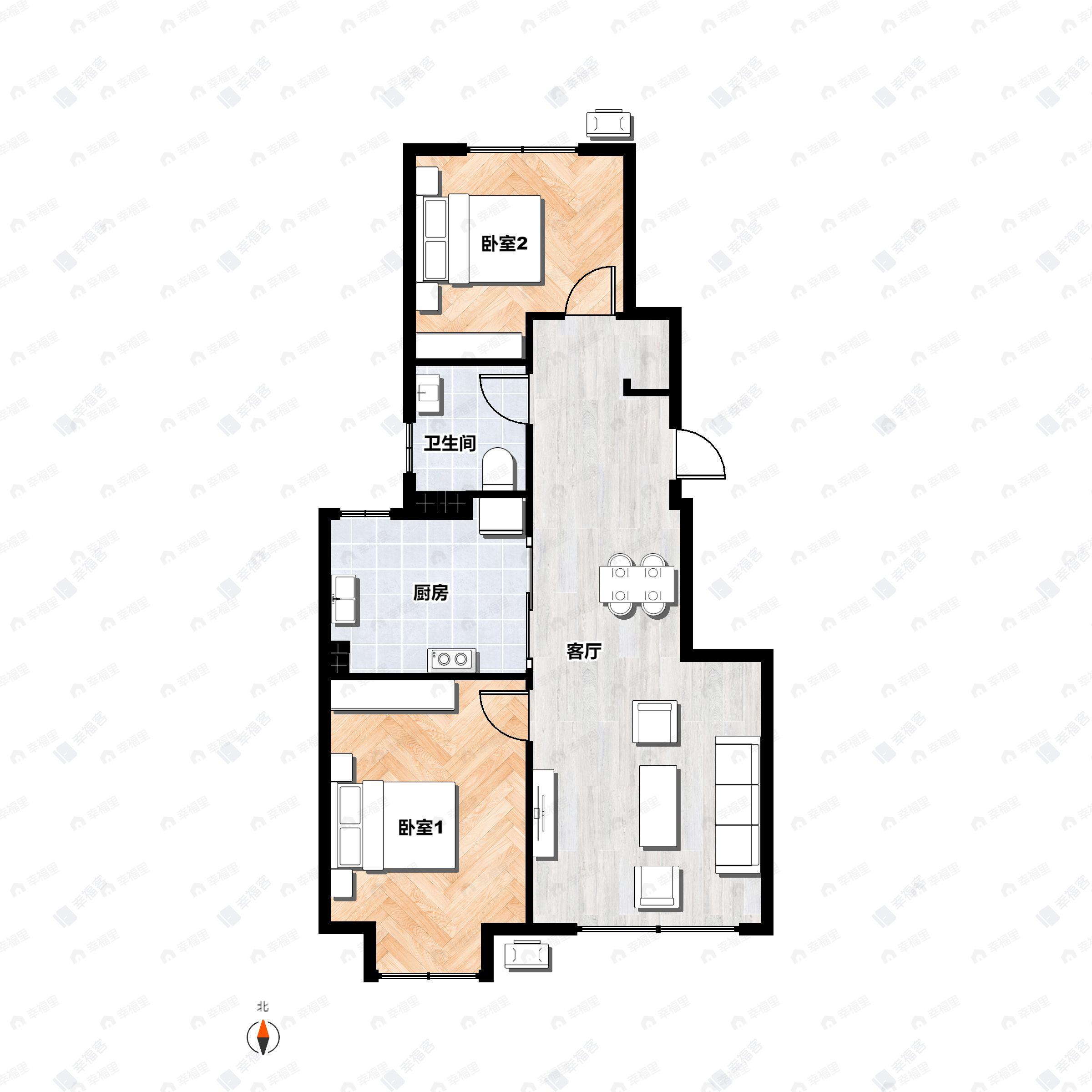 2室2厅1卫建面78m²北|南户型图