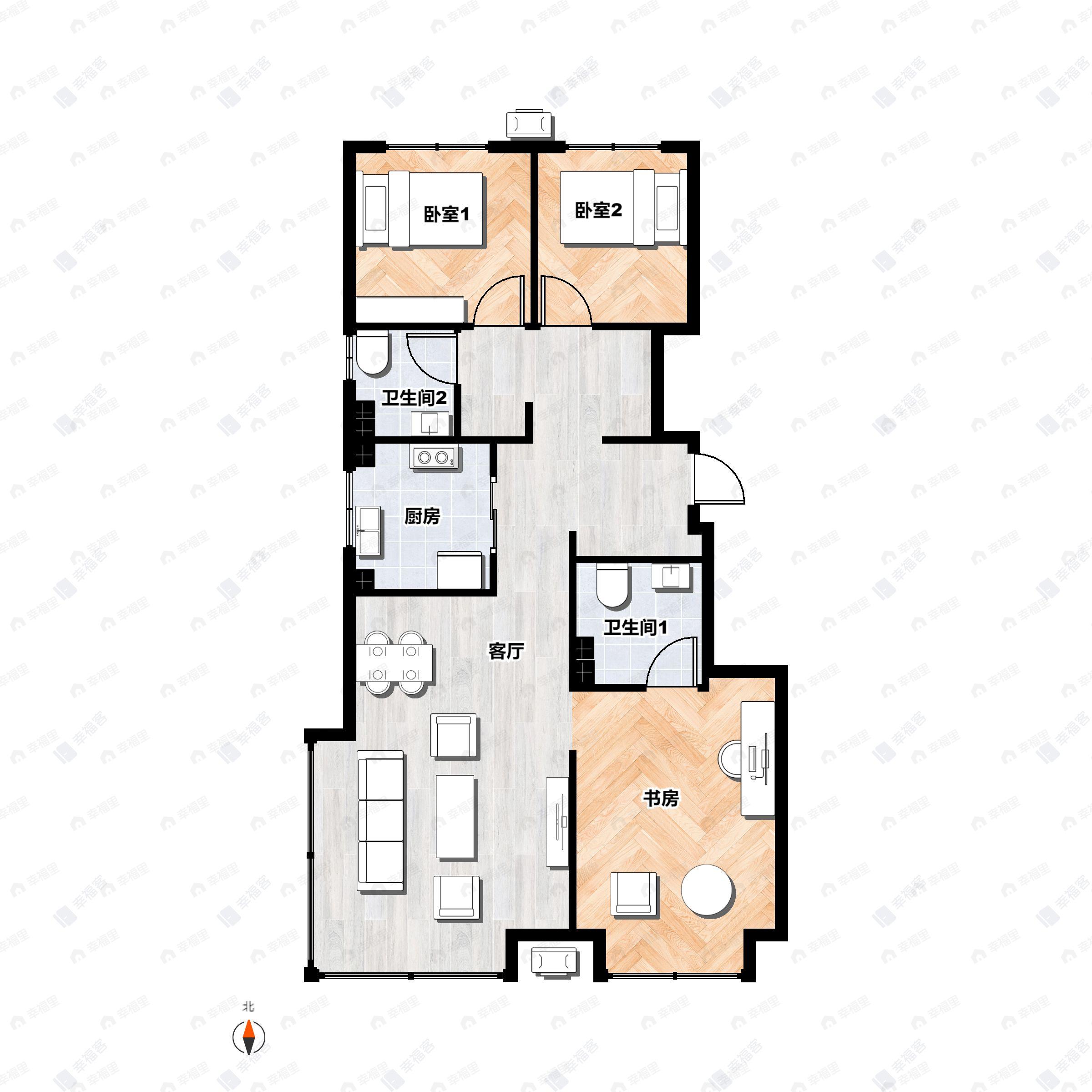 3室2厅2卫建面89平户型图