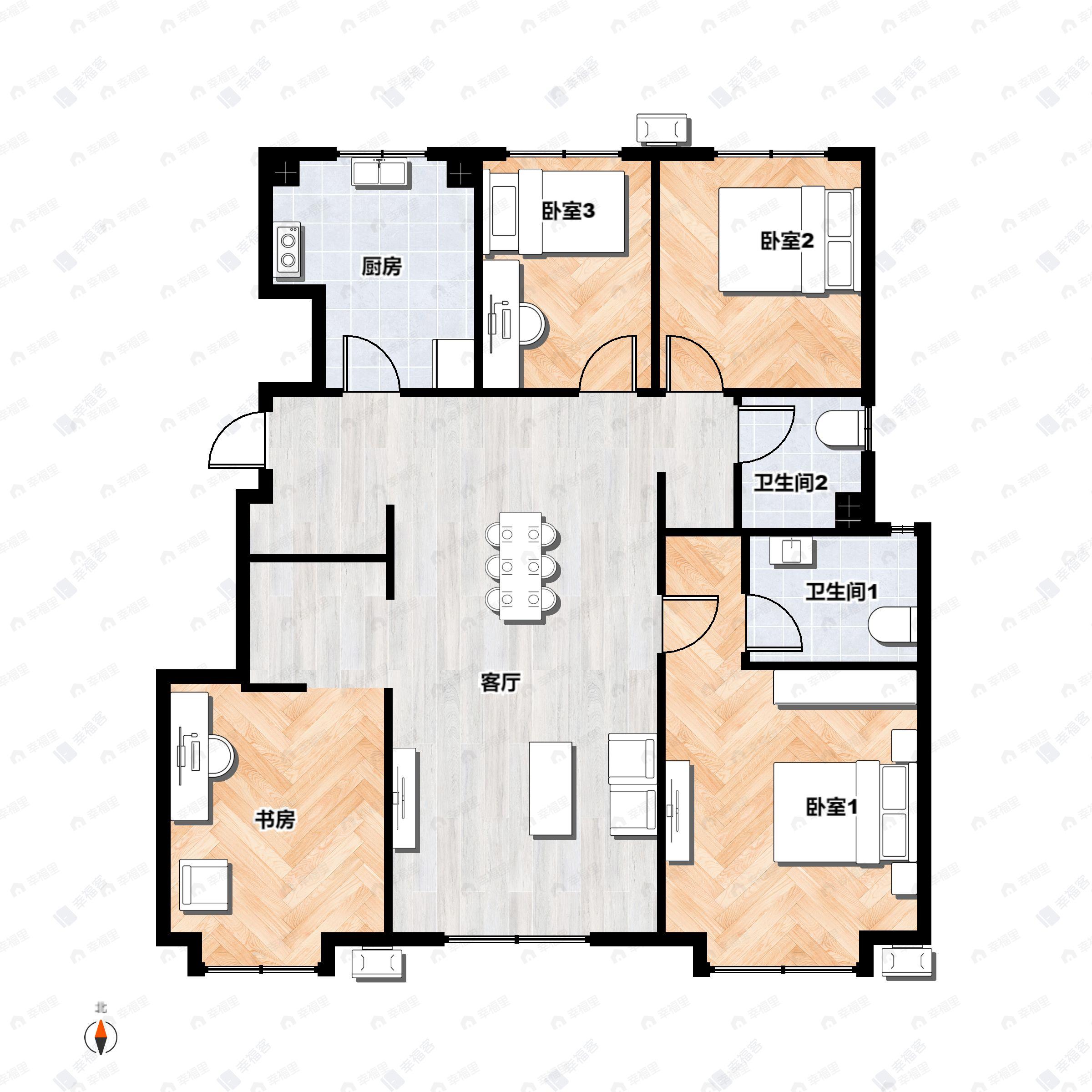 4室2厅2卫建面113平北|南户型图