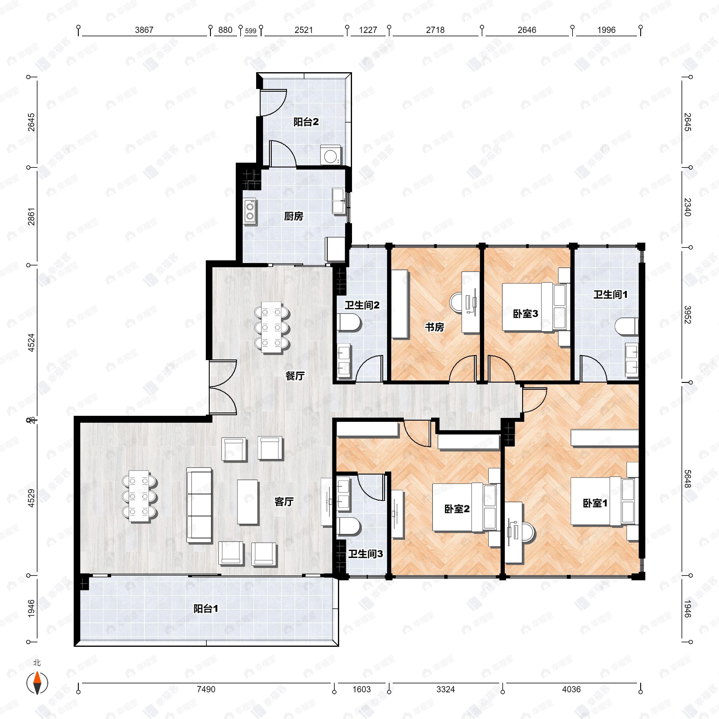 4室2厅3卫建面196平北|南户型图