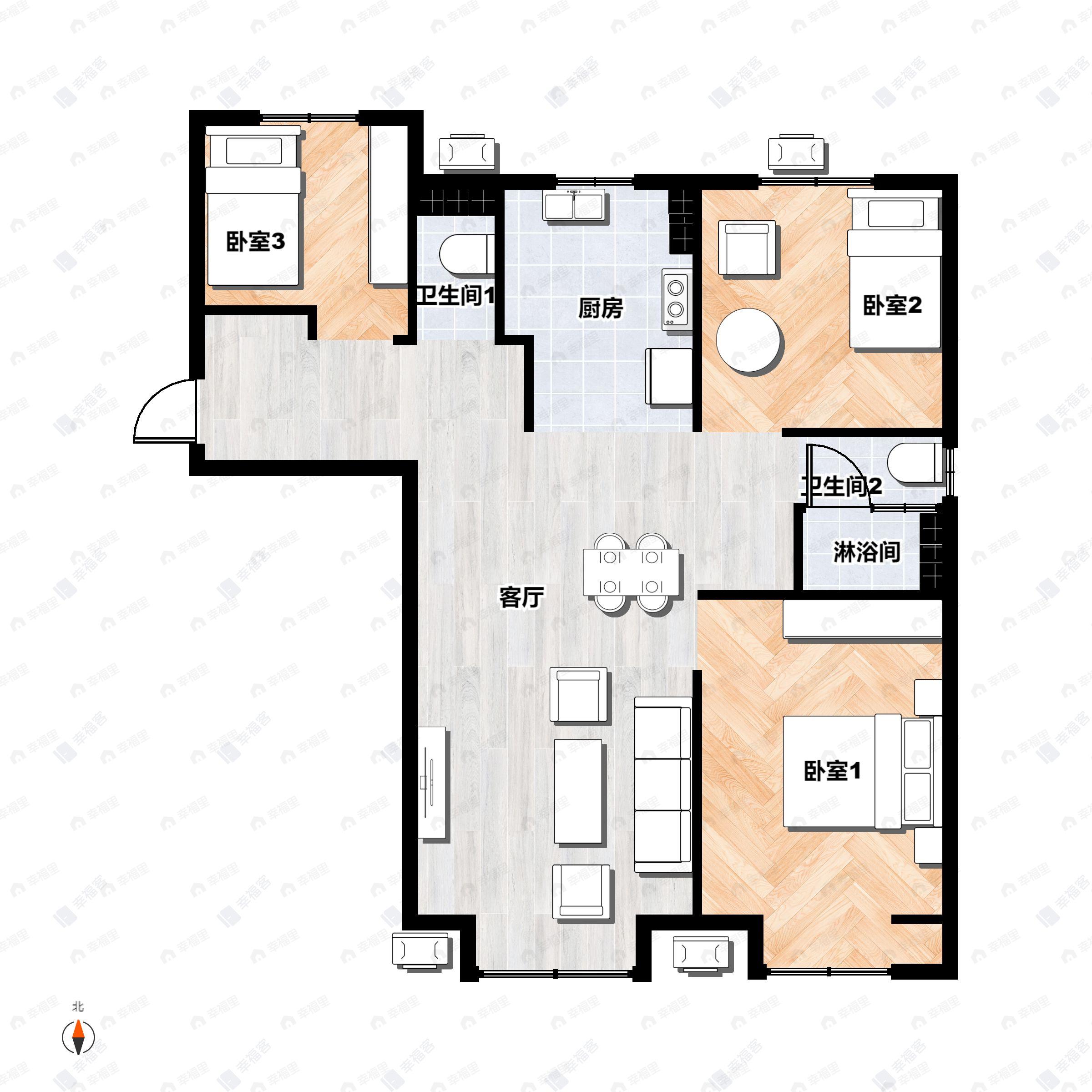 3室2厅2卫建面90平户型图