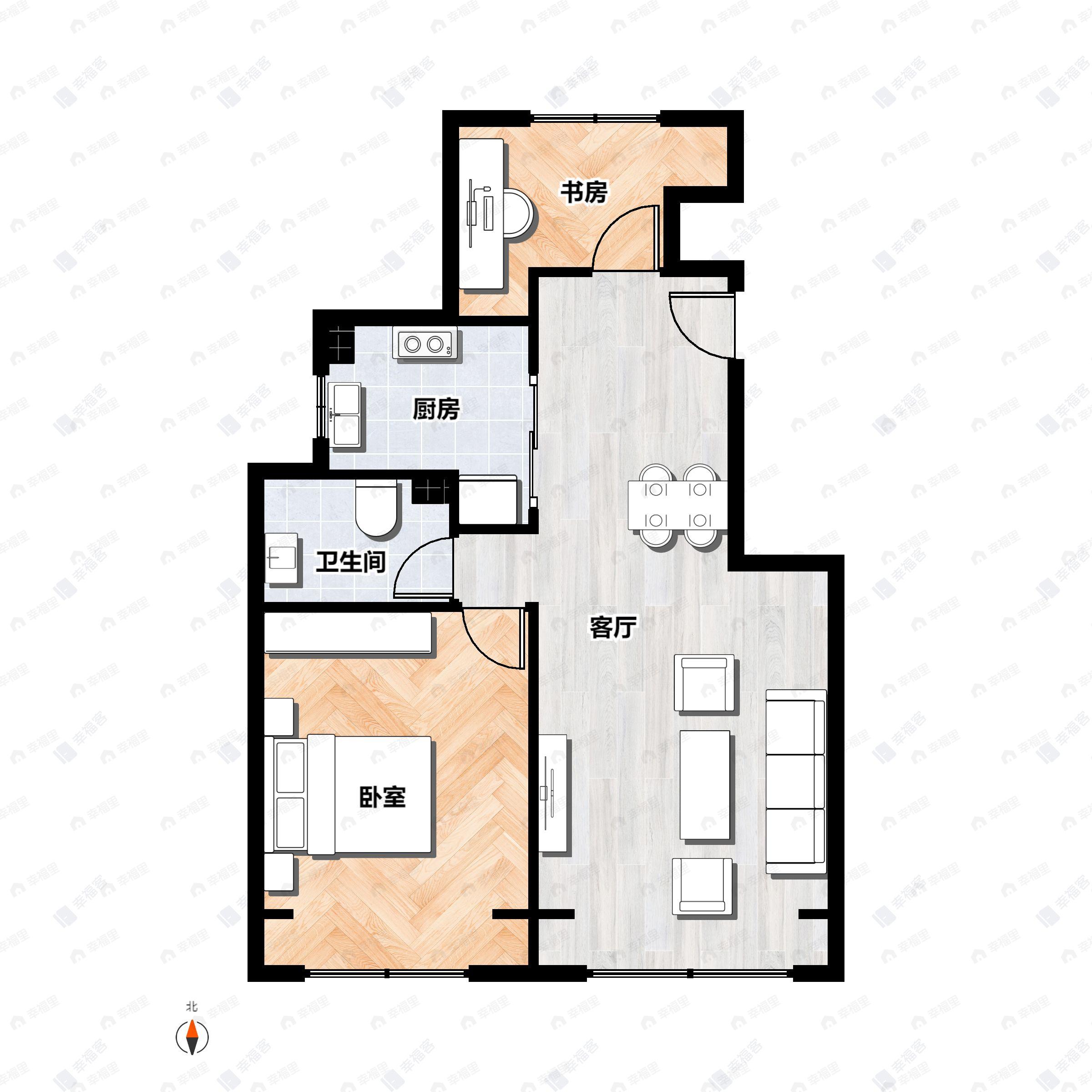 2室1厅1卫建面70m²西|南|北户型图
