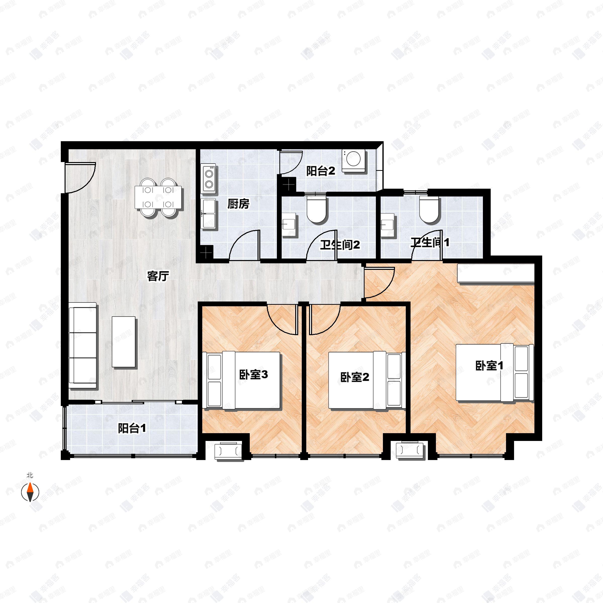3室2厅2卫建面101平南户型图