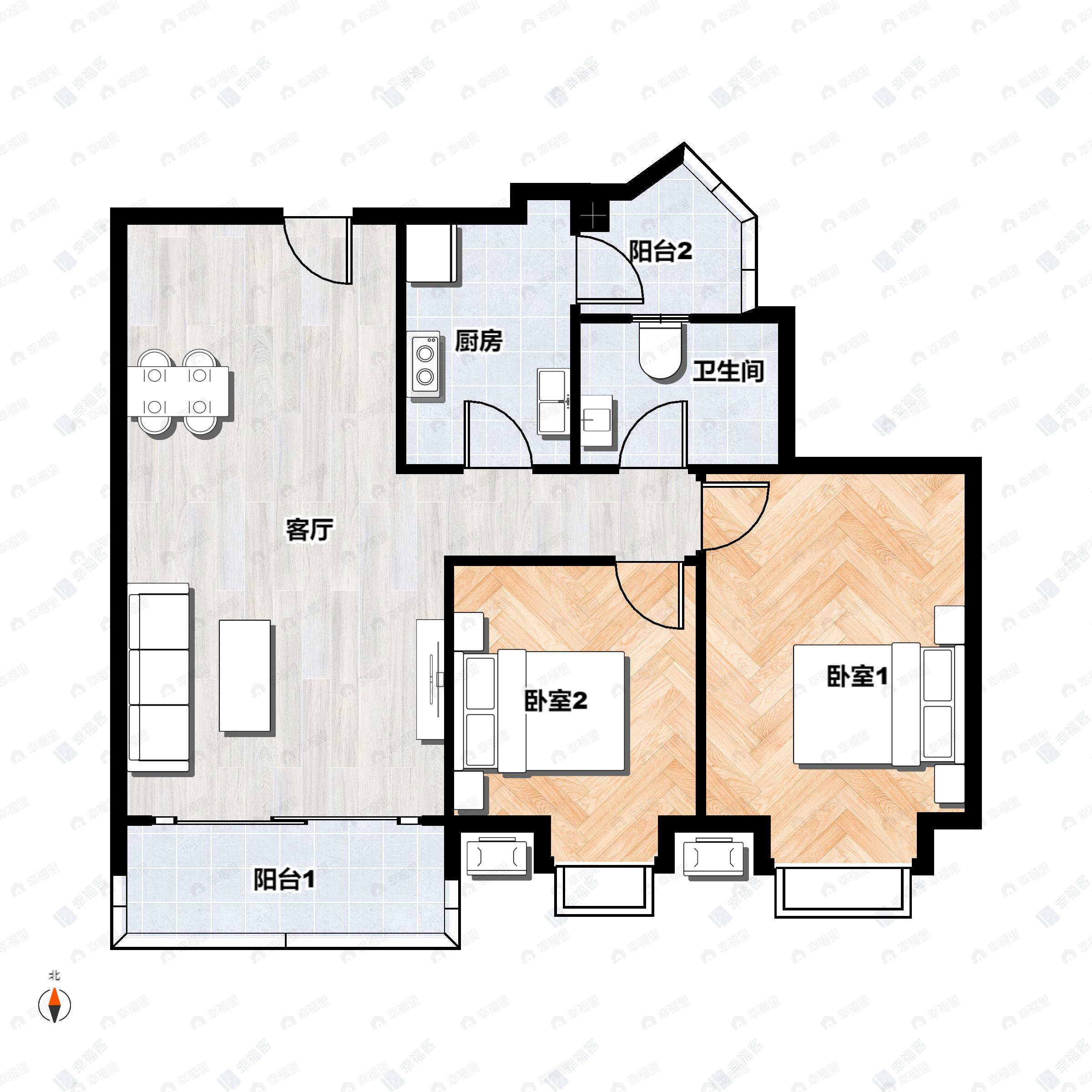 2室2厅1卫建面84m²南户型图