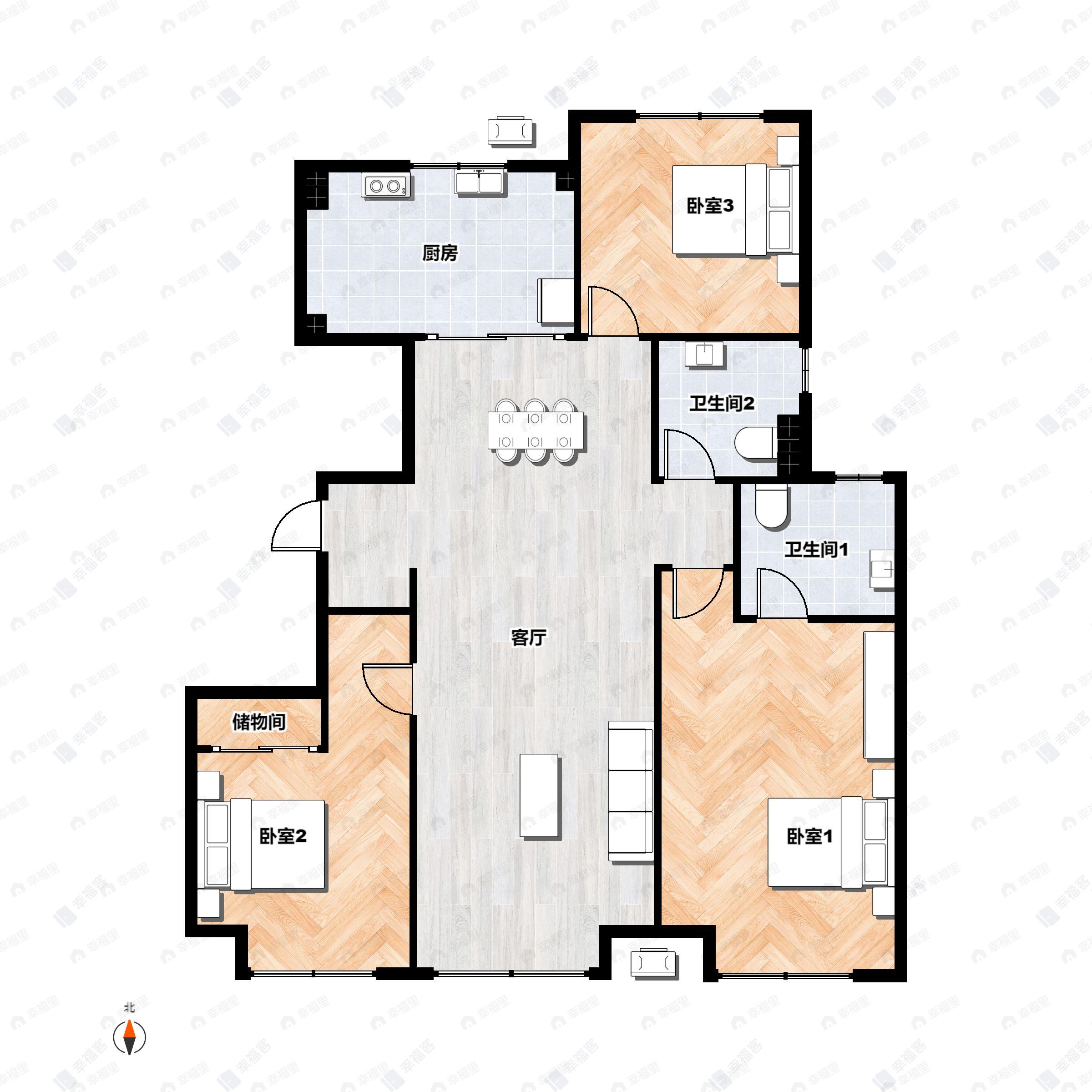 3室2厅2卫建面128平户型图