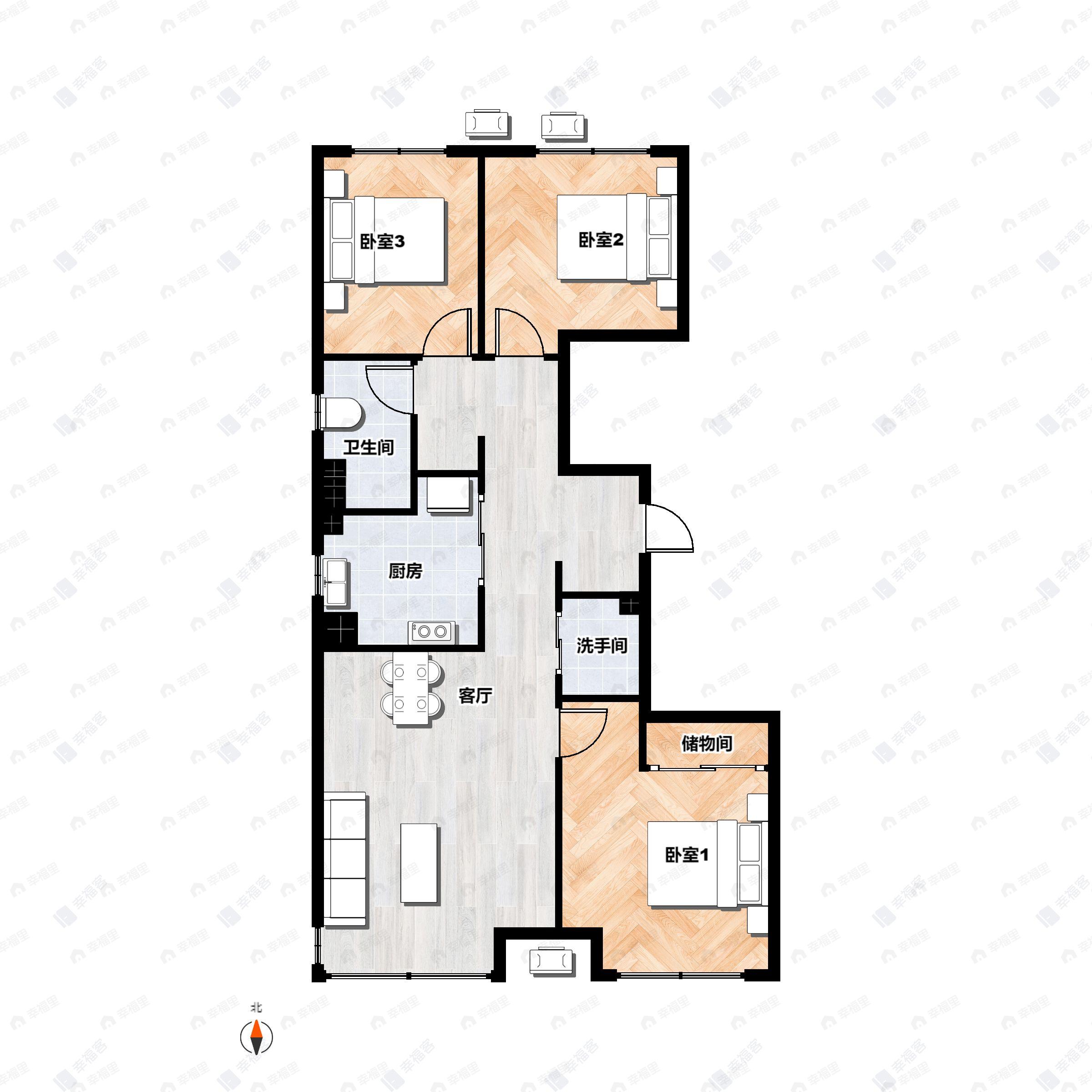3室2厅1卫建面90平户型图