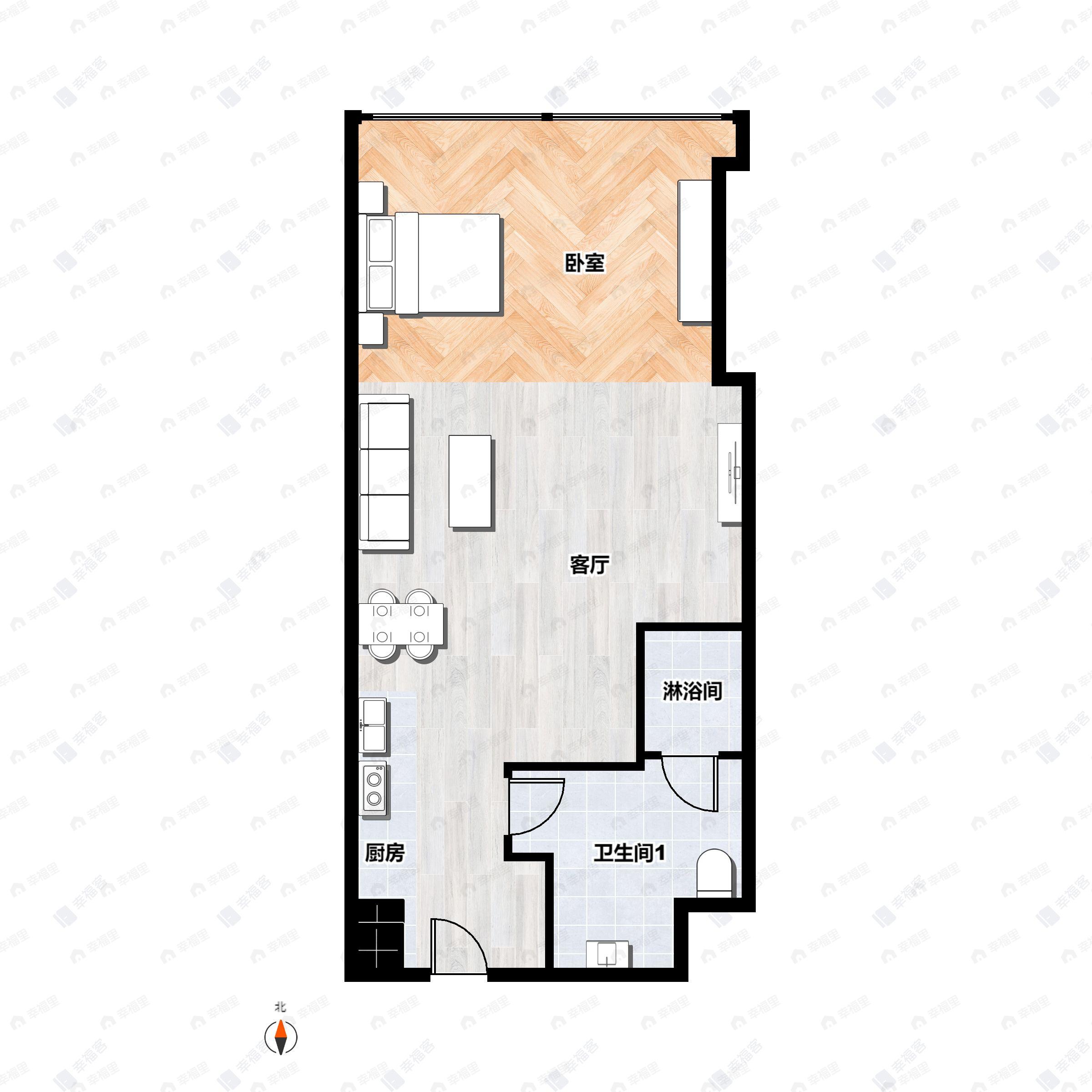 1室2厅1卫建面72m²北户型图