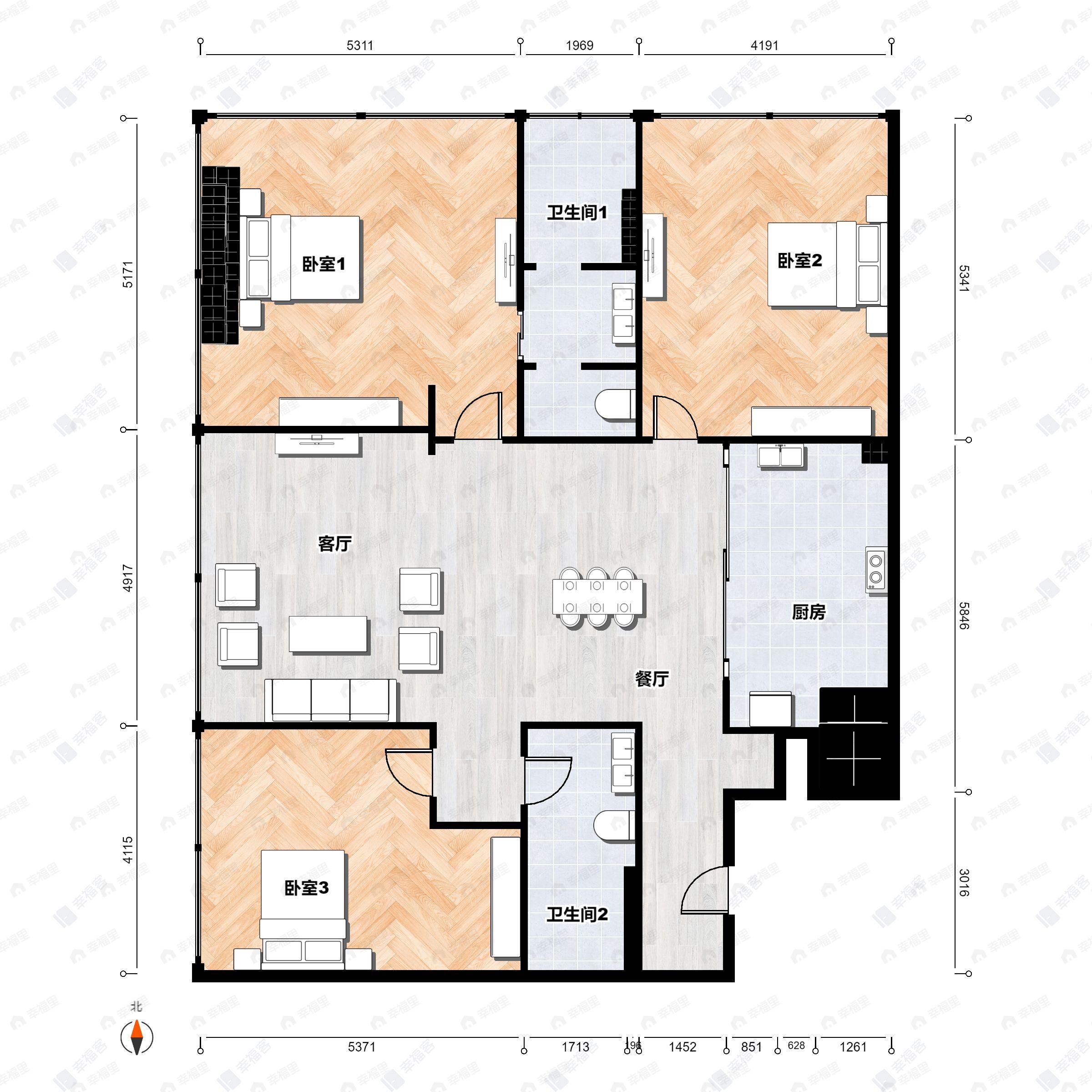 3室2厅2卫建面179平北|南户型图
