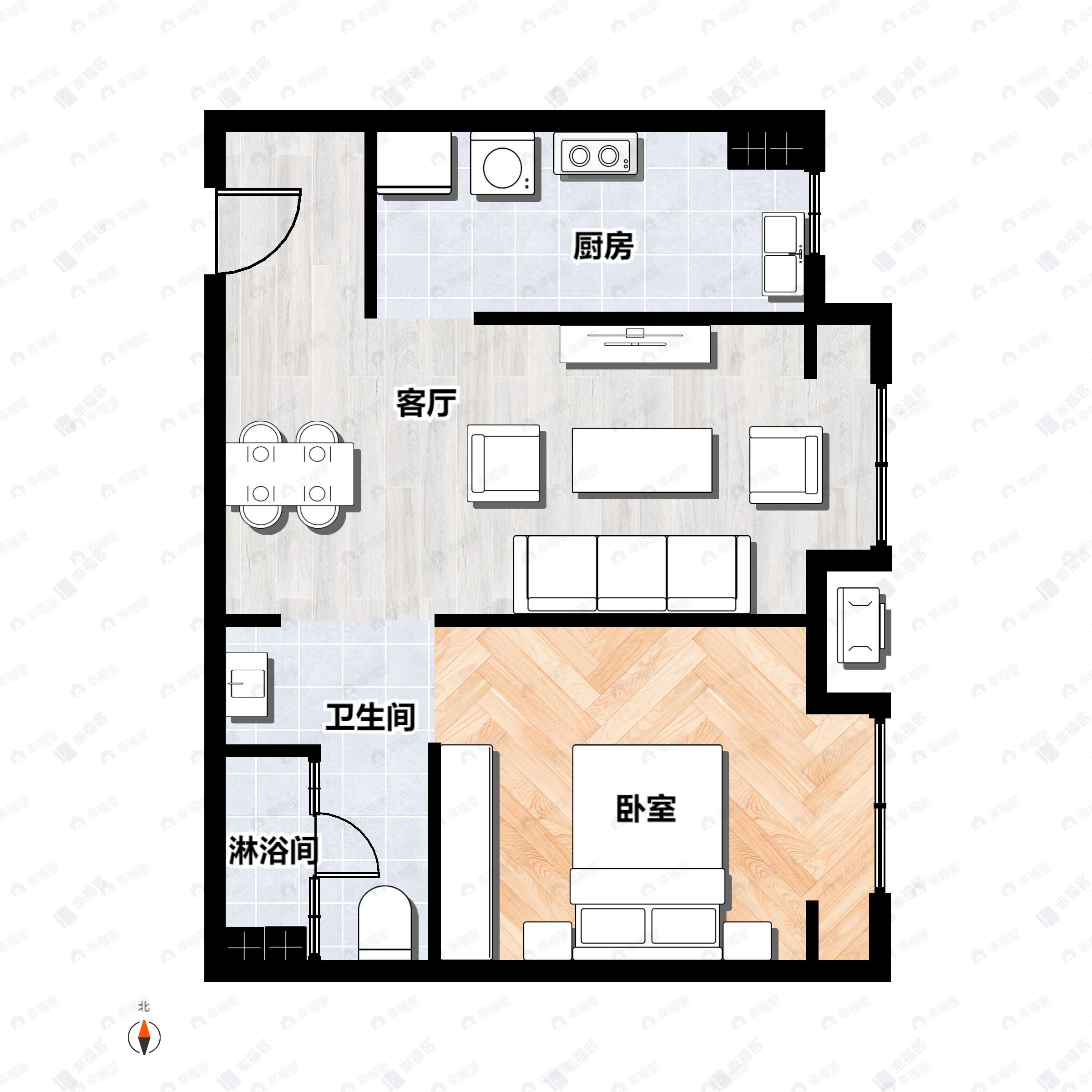 1室2厅1卫建面56平户型图
