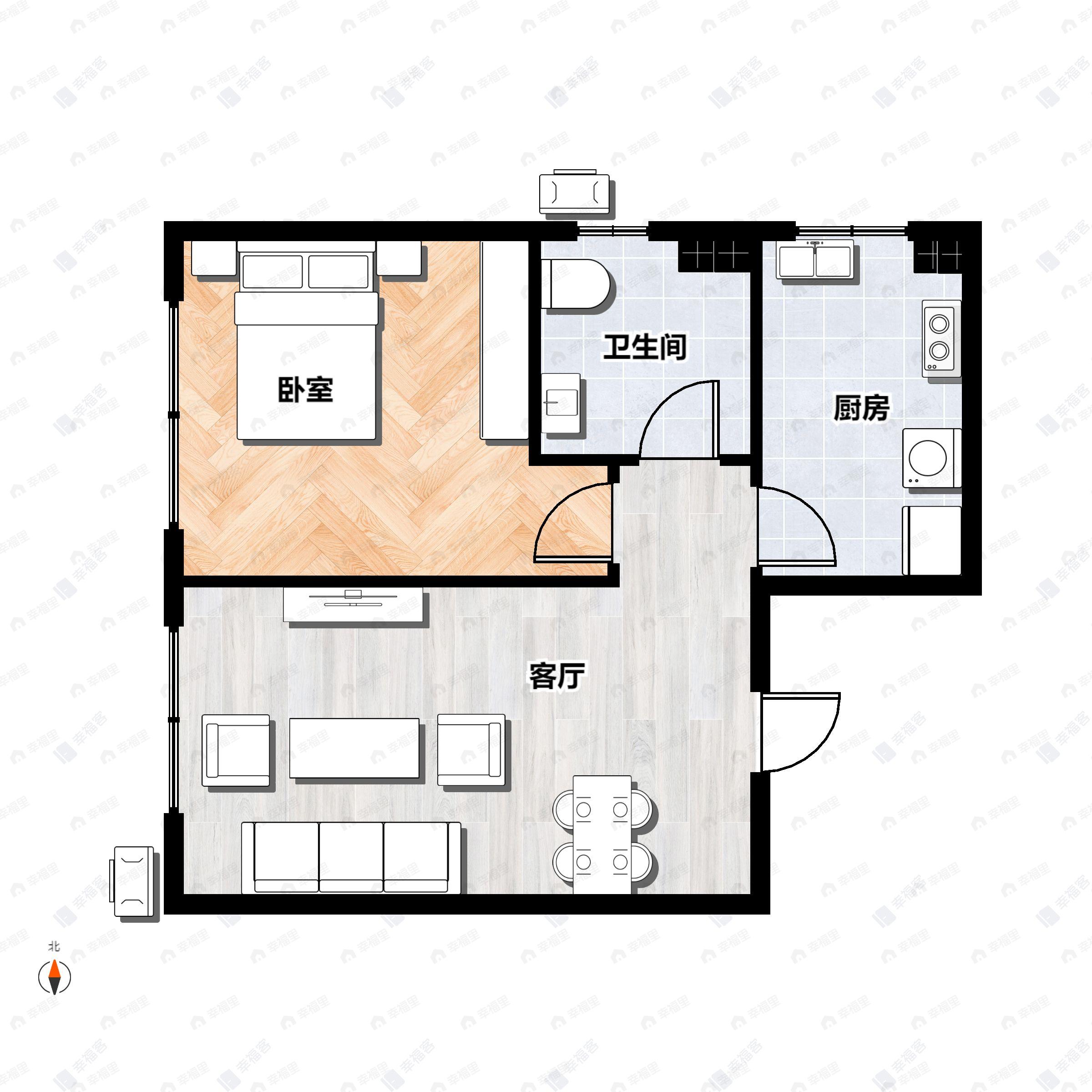 1室2厅1卫建面53m²西北户型图